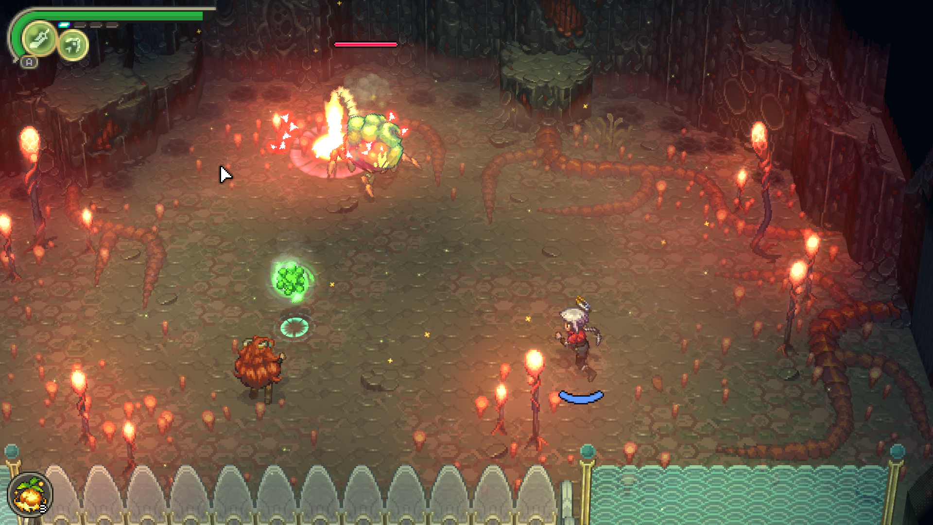 A puzzle room inside the Trial of Cryo dungeon with raised platforms and carved stonework