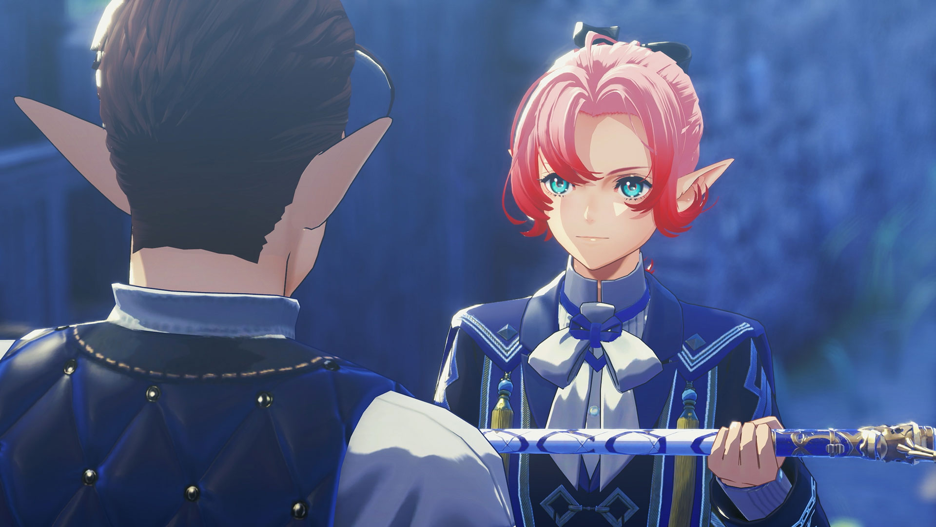 The protagonist of Xenoblade Genesis, shown with pointed ears and short pink hair in a blue and white academy uniform, holding an ornate slender sword