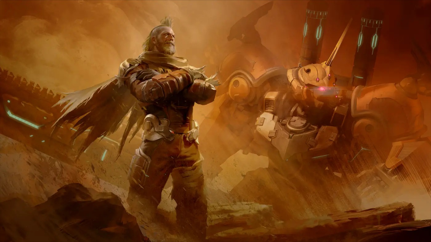 Official character art of Big Paul, a broad older man with swept back grey hair and a beard, arms folded in a dust filled orange landscape with his mobile suit BAU BAHLAM behind him