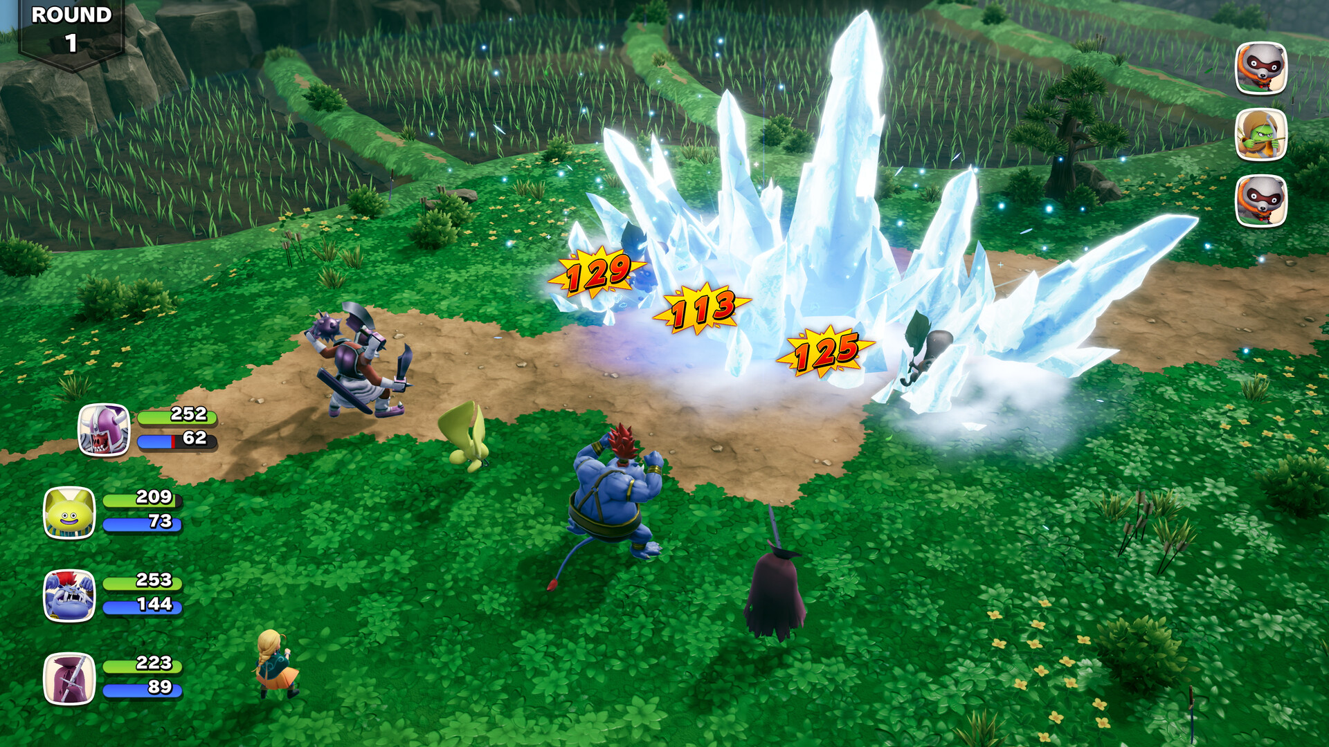 The battle interface showing a round counter, four paired health and magic bars for the active party, enemy portraits, and a multi-target ice attack landing three damage numbers at once