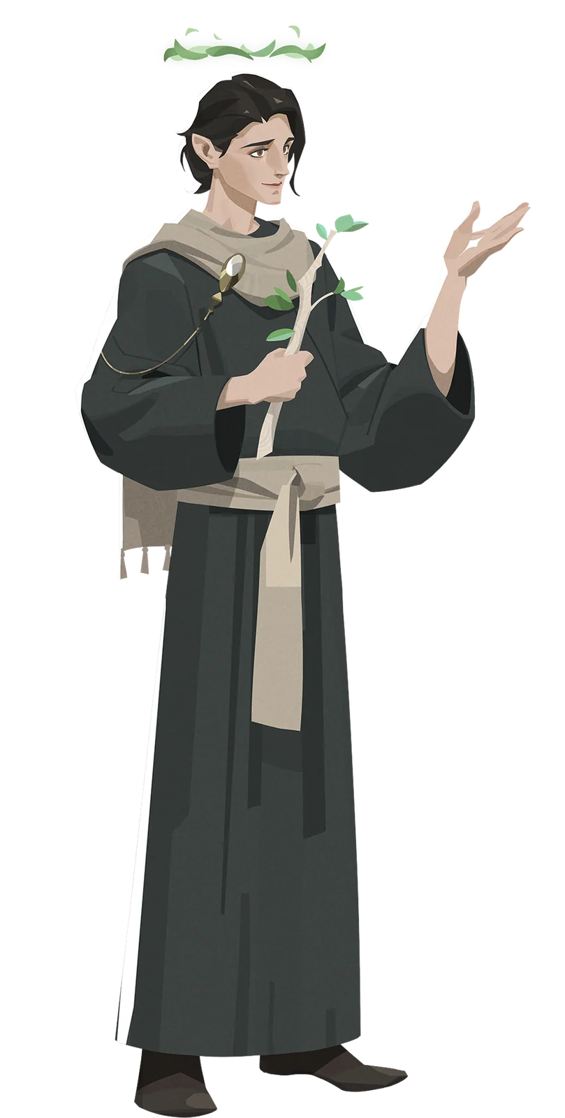 Official character art of Kaliel, the angel who holds Fenrix's life as collateral in Ember and Blade, in a dark olive robe with a leaf halo and a sprig in hand