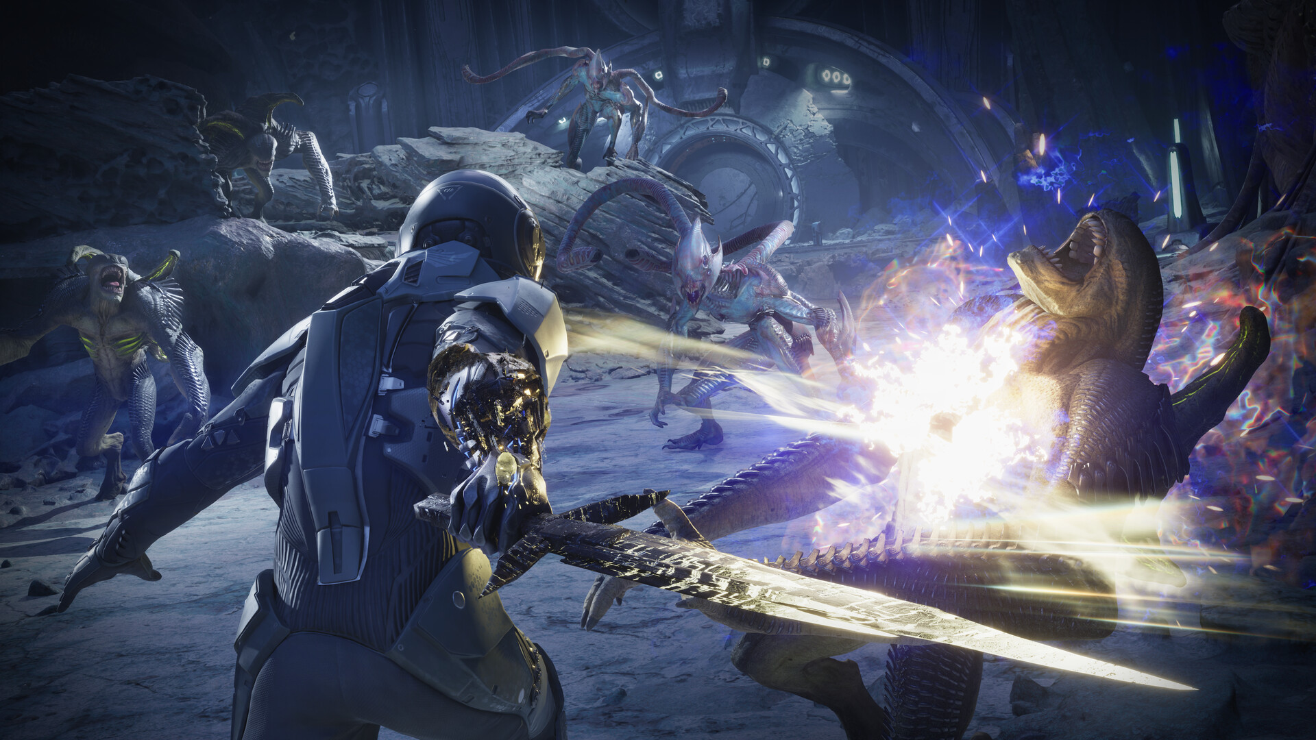 A Traveler driving a livestone blade into a clawed creature at point-blank range while more of the pack closes in across pale rock below a ruined Celestial structure
