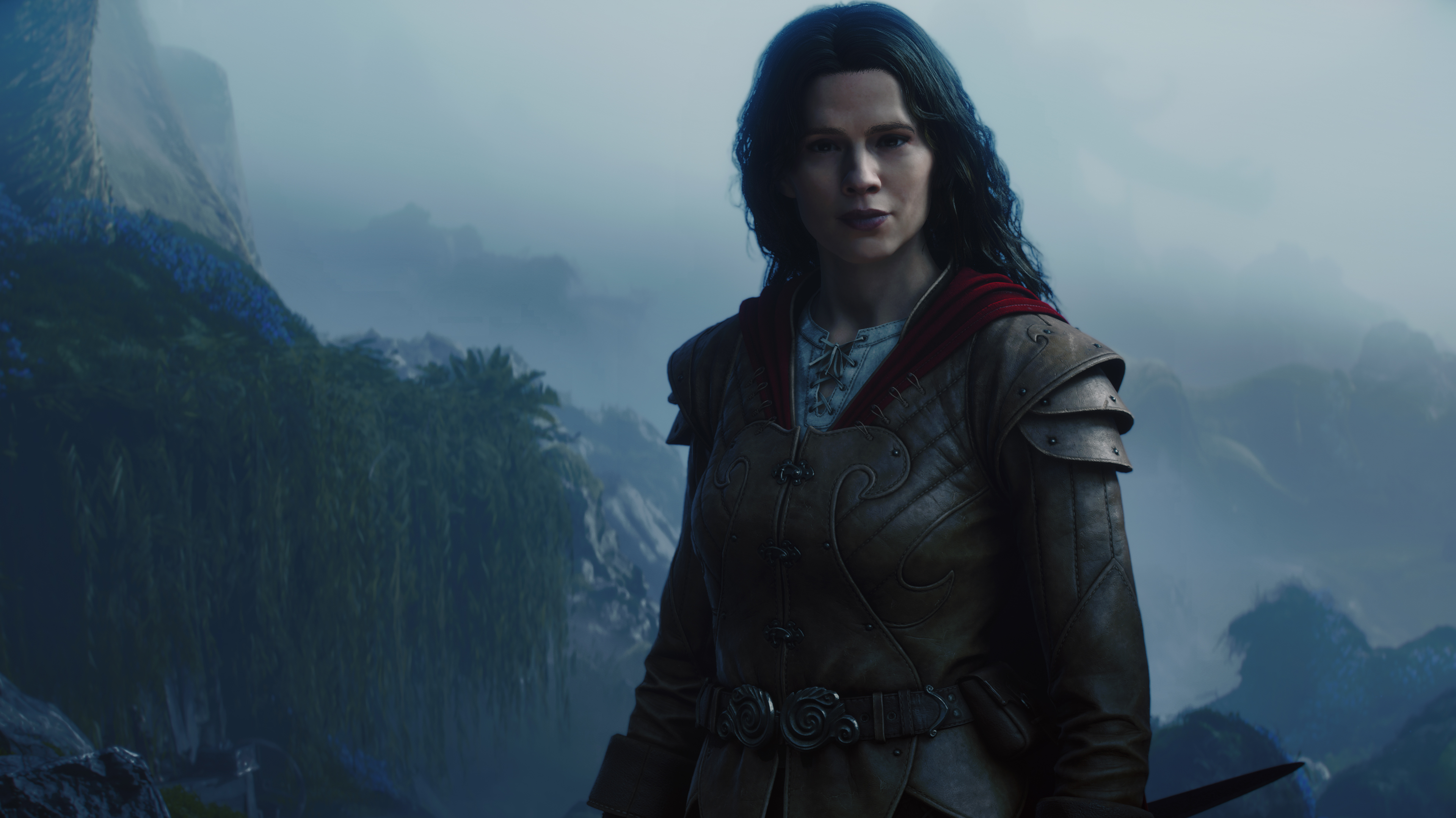 Official character art of Isabel, the Hero of Wraithmarsh, in dark armour against a stormy Albion sky