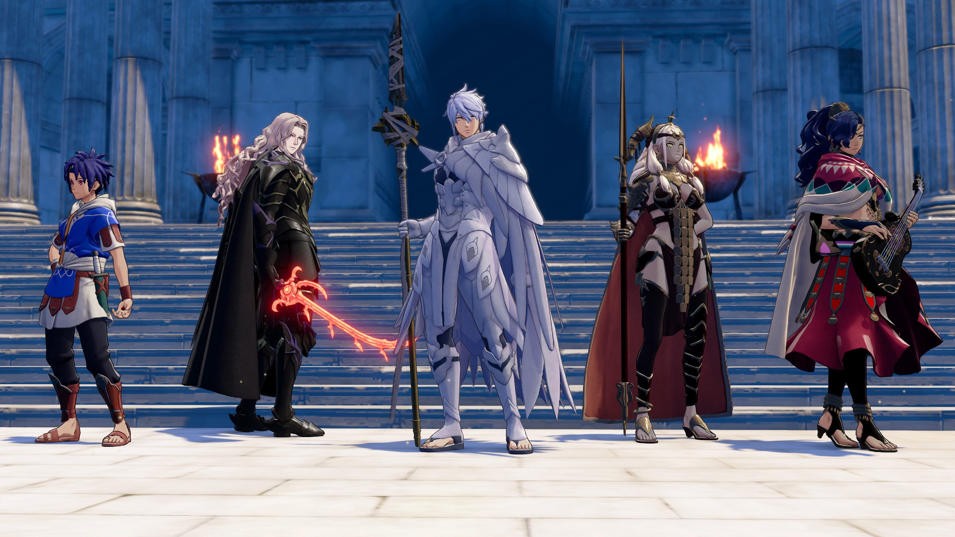 The four Heroes and Eshmel lined up together on the steps of a blue-lit temple