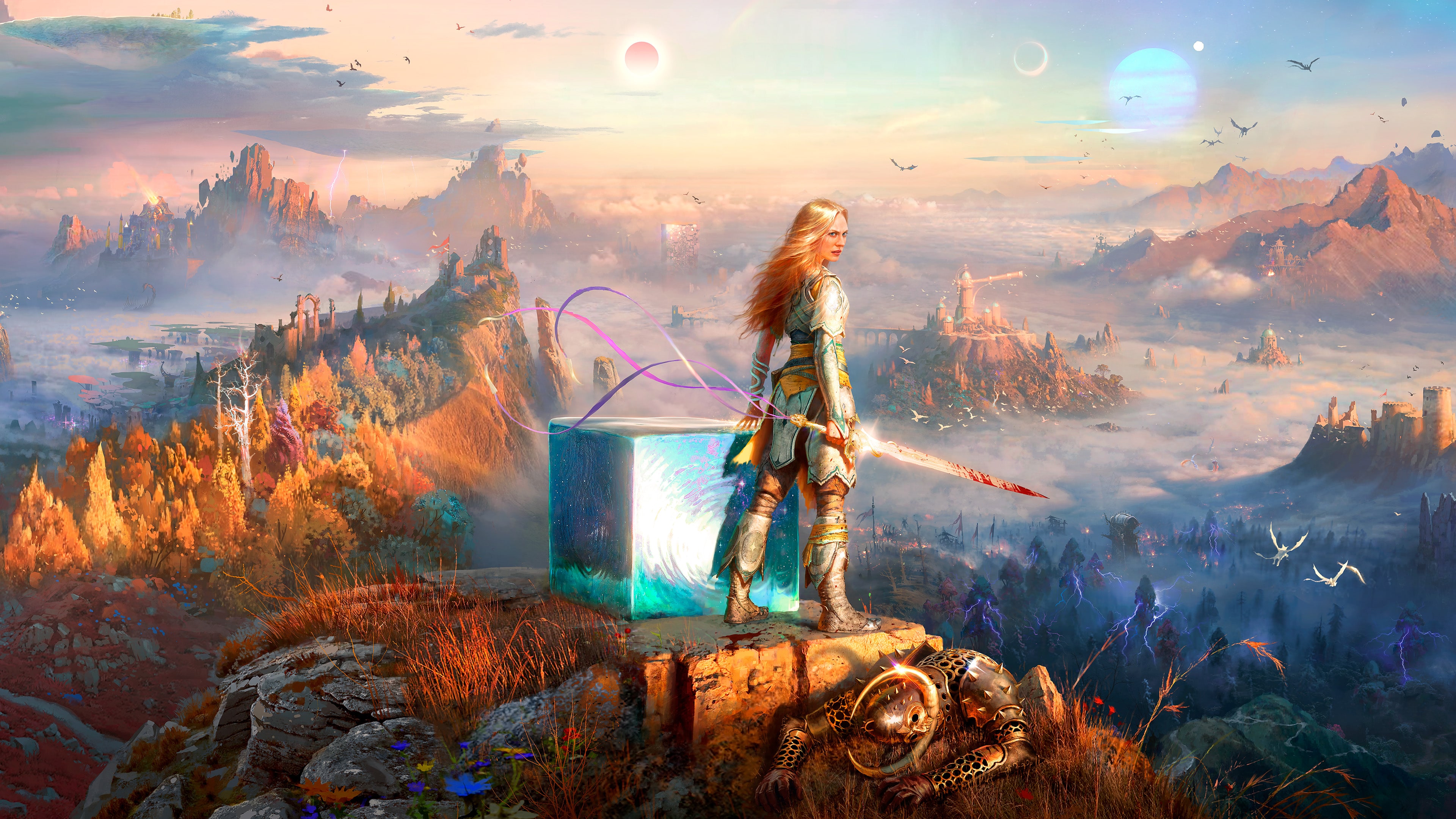 Key art of Faye on a clifftop above the Everywhen, Rue's ribbons curling around her sword and the cosmic cube Phranque at her side