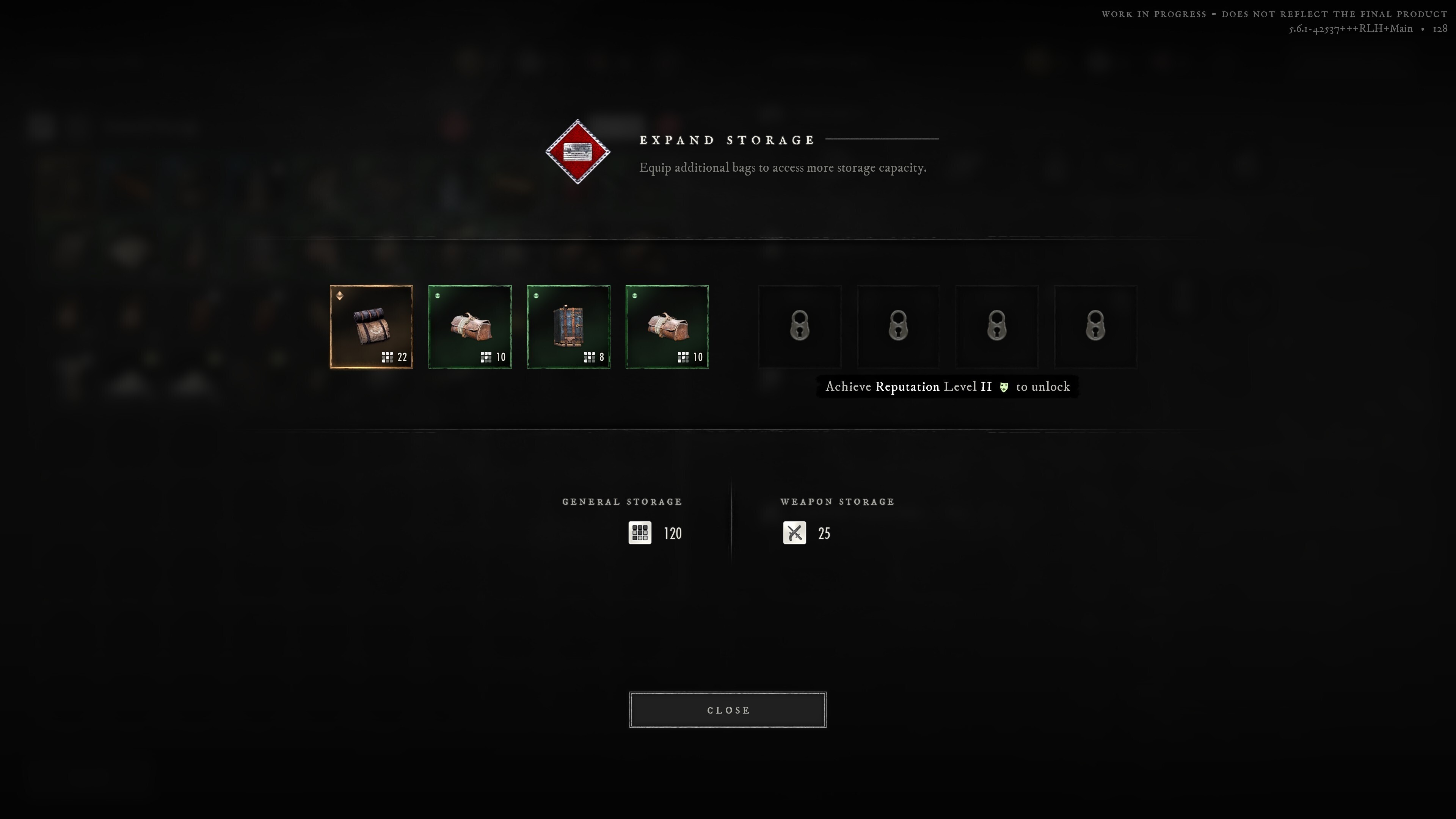 HUNGER's Expand Storage panel, showing four equipped bags contributing to a general storage total alongside a separate weapon storage total, with four further expansion slots locked behind a reputation requirement