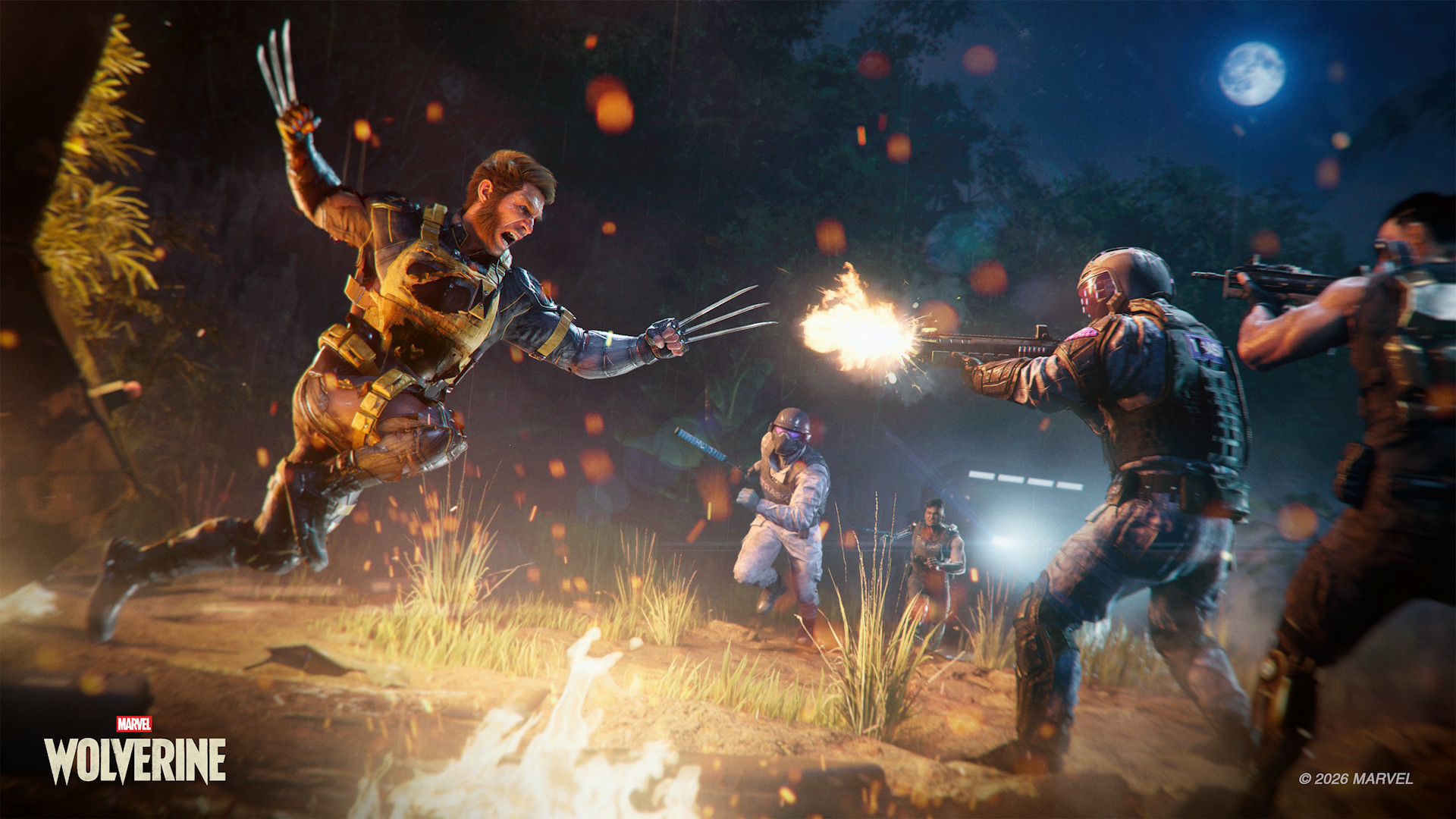 Wolverine in the tan Team X tactical suit leaping with claws extended at armed soldiers in a jungle clearing lit by paper lanterns and muzzle flash