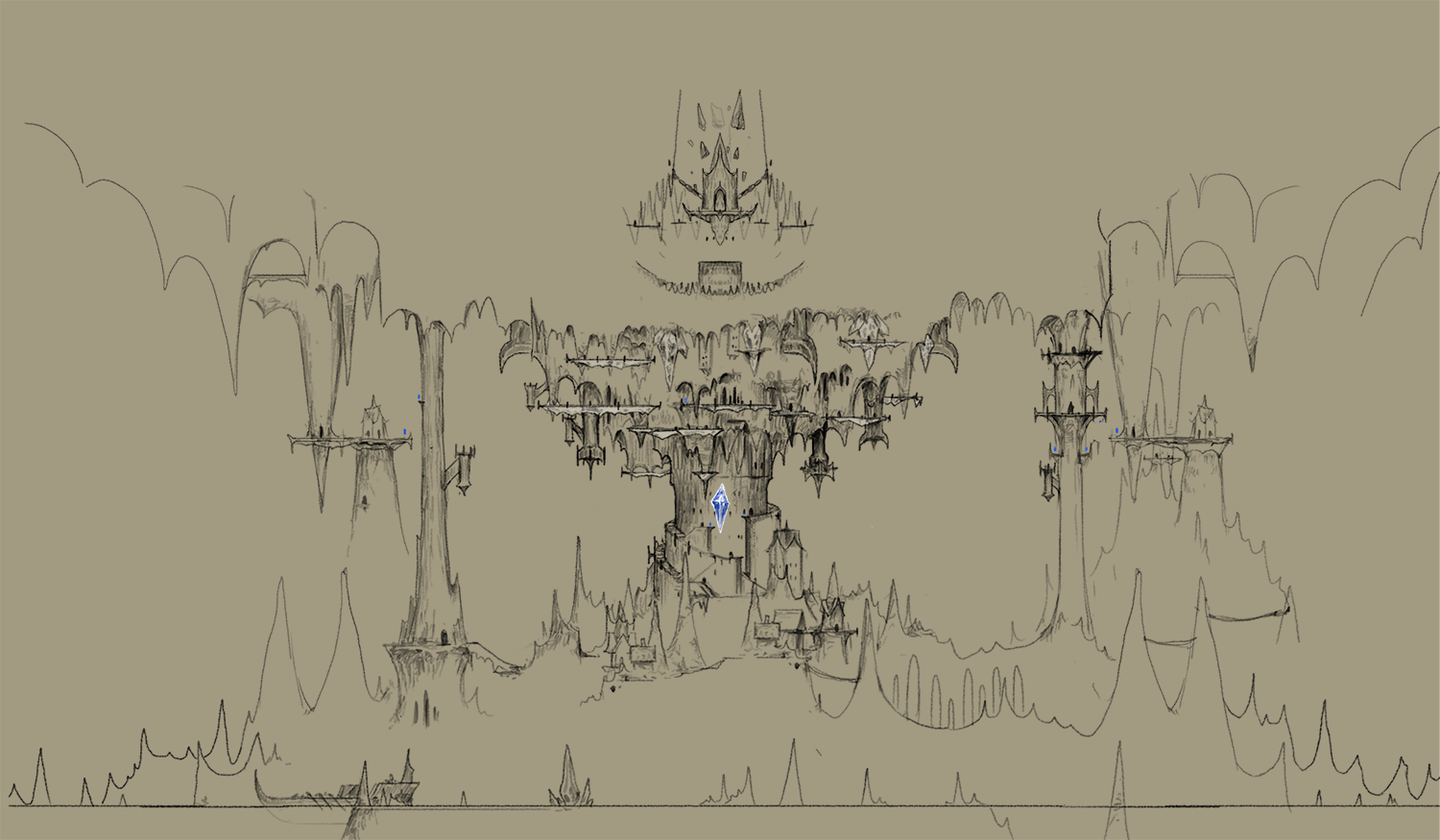 Line concept art of a vast cavern city built among stalactites and rock spires