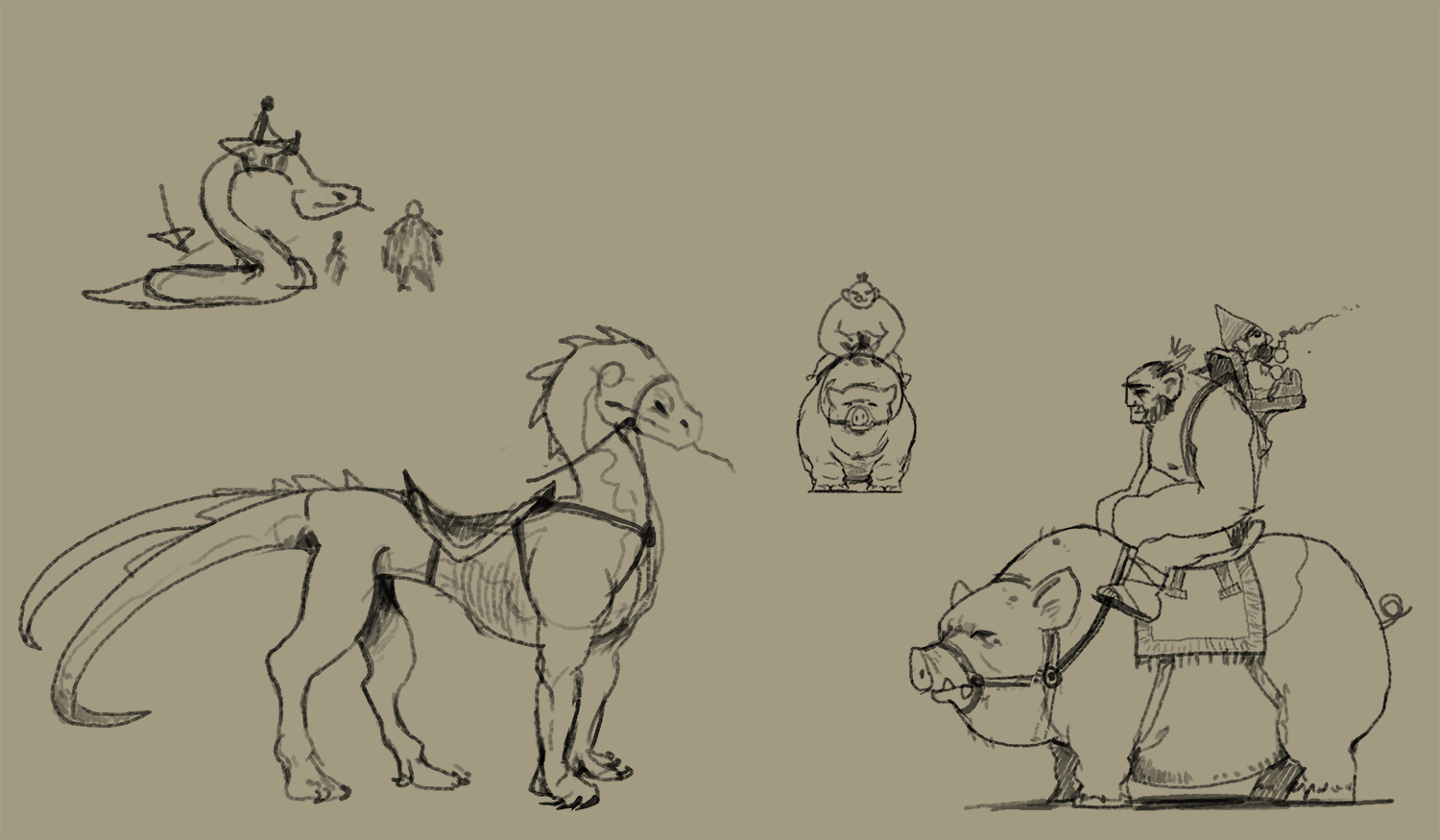 Concept sketch sheet of mount ideas including a saddled long tailed lizard, a serpent, and a boar ridden by a broad figure with a small passenger