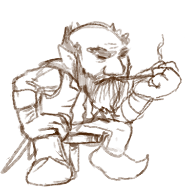 Concept sketch of a long nosed Gnome seated and smoking a pipe