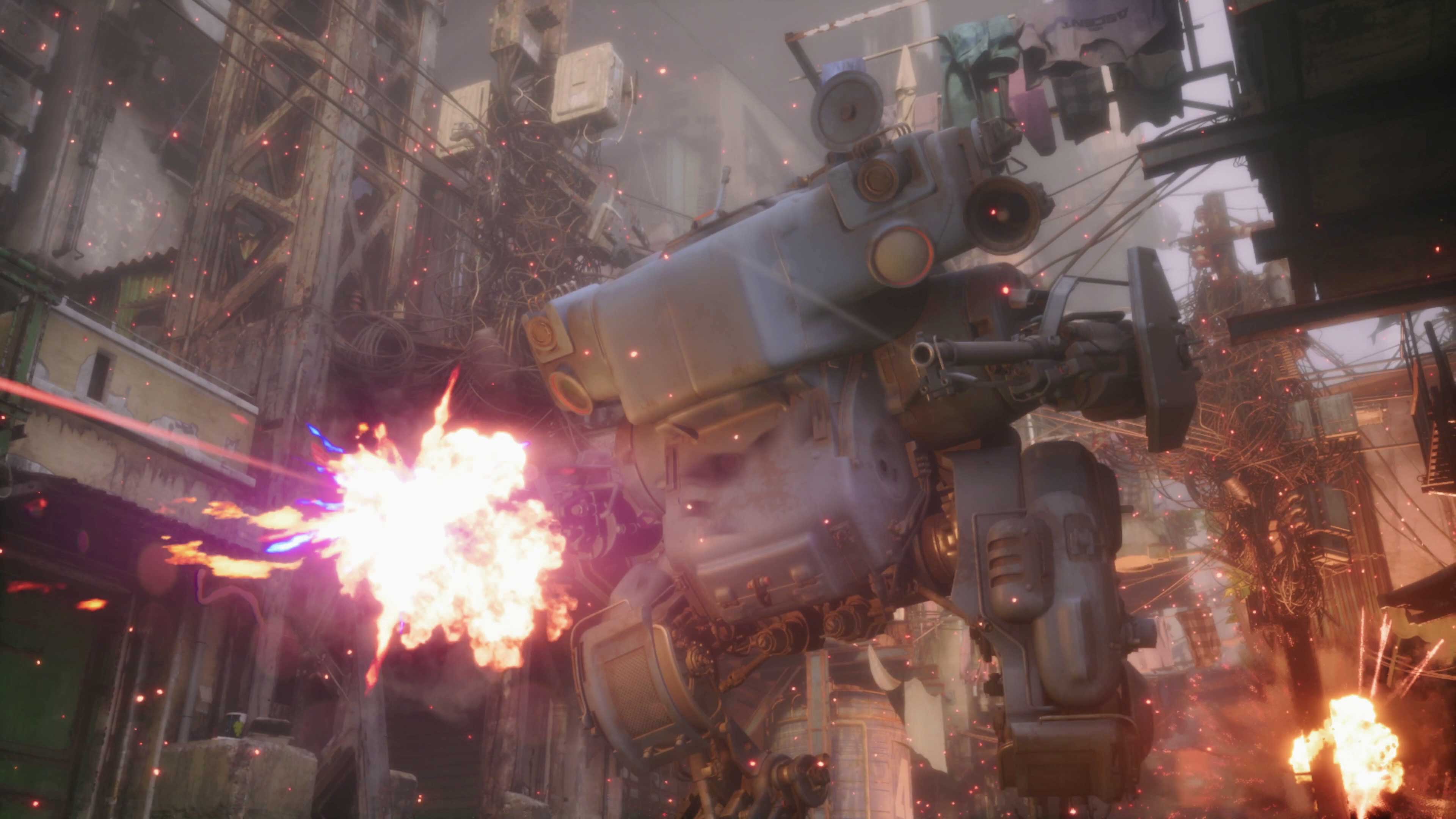 A bipedal mech opening fire in a cable-strewn Port Desire alley, muzzle flash and sparks lighting the buildings around it