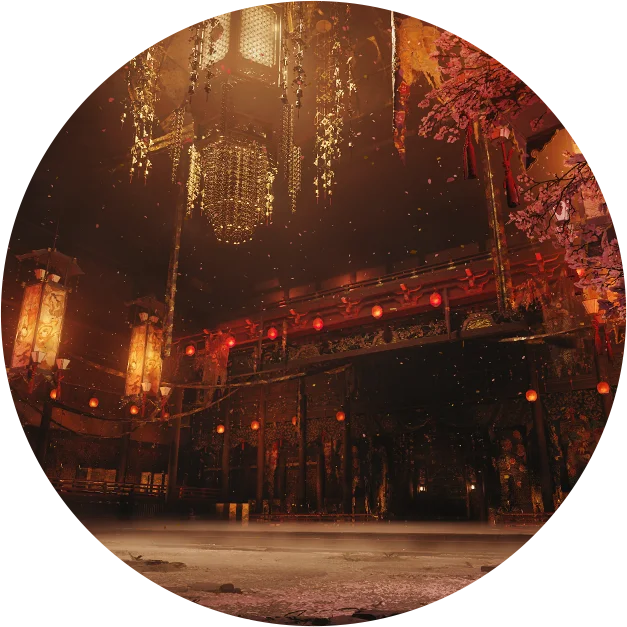 Official location art for the Underground Laboratory, a lantern-strung hall hung with glowing chandeliers and blossom beneath the capital