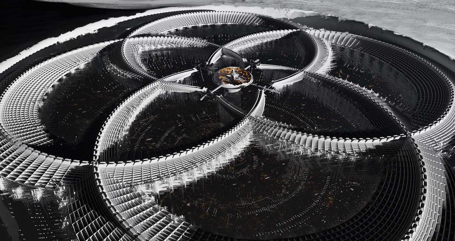 Aerial view of a vast lunar crater city built from overlapping ring megastructures around a warm-lit central hub with radiating spoke bridges