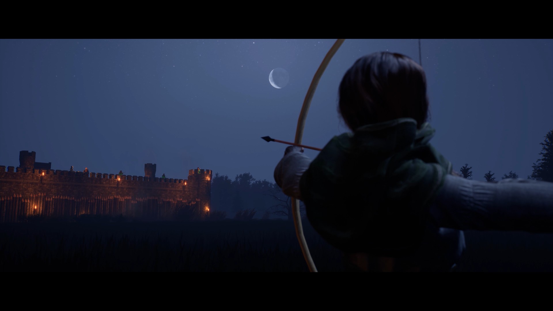Stronghold 4 cinematic still: an archer draws a bow at night toward a torchlit castle wall under a crescent moon