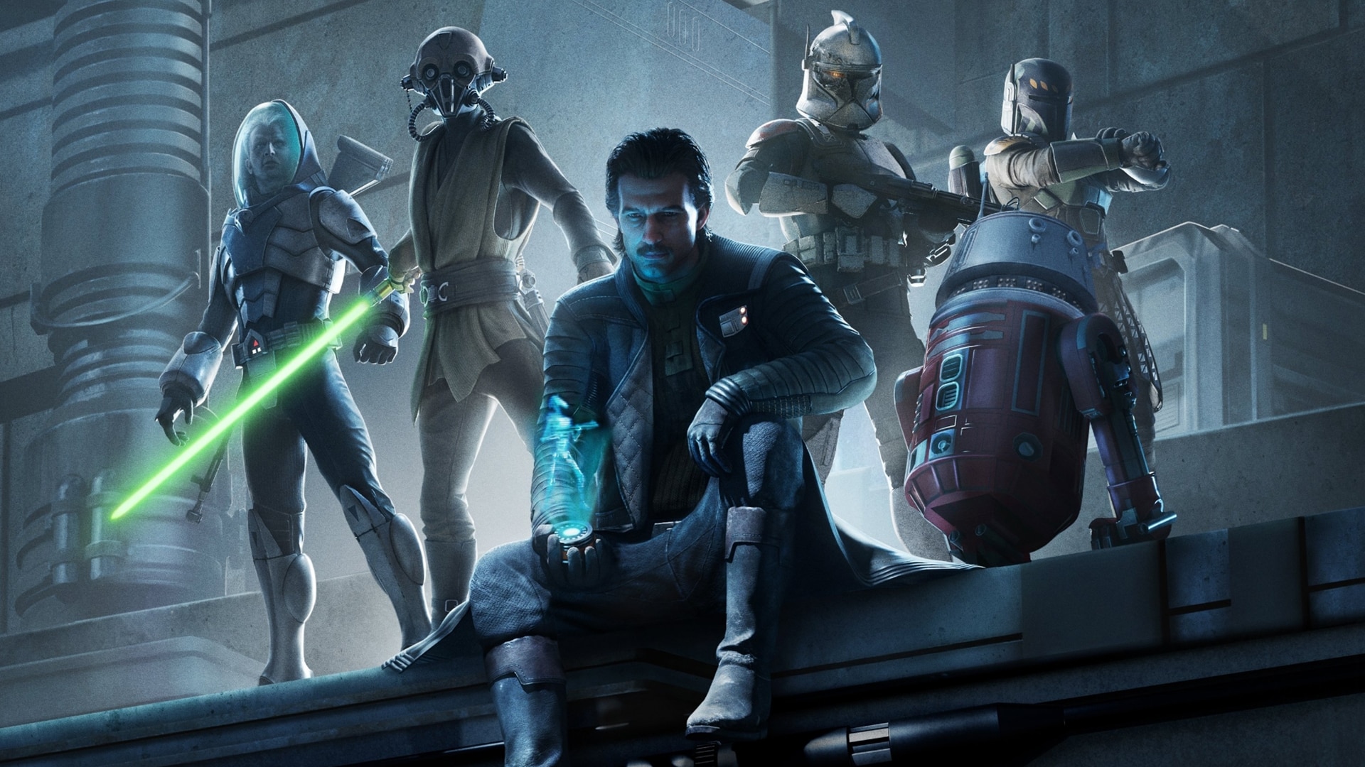 Illustrated art of the Zero Company crew together, with the leader seated over a hologram beside a lightsaber wielder, a clone trooper, a Mandalorian and an astromech droid