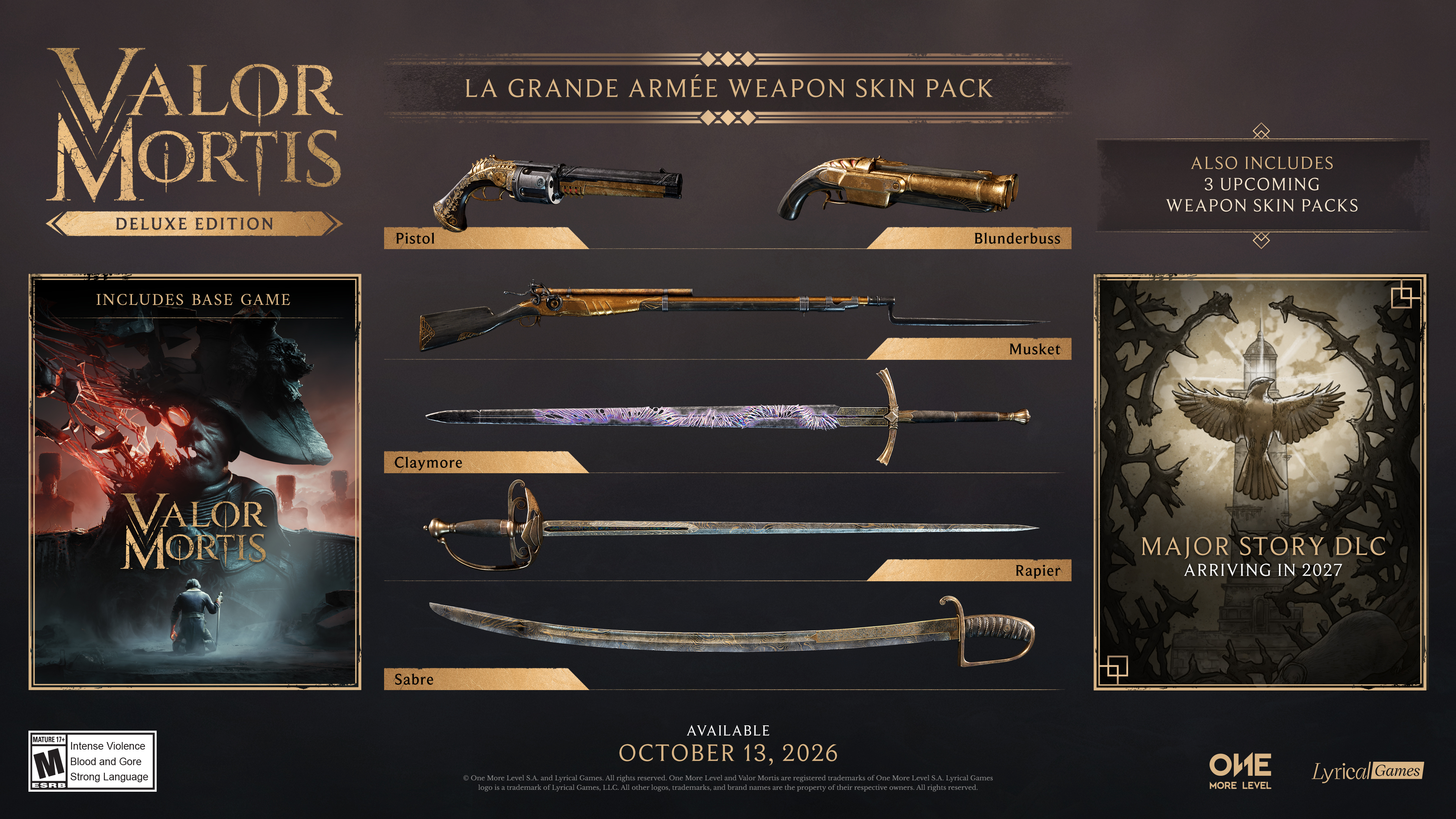 Deluxe Edition contents graphic showing the base game, six weapons in the La Grande Armée skin pack, three upcoming weapon skin packs and story DLC arriving in 2027