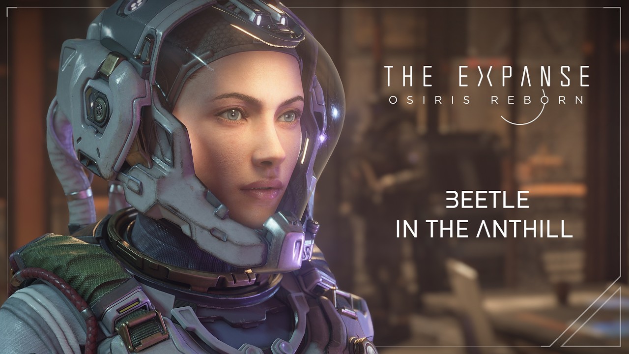 Title card for the Beetle in the Anthill mission video, showing one of the twin sisters in a sealed pressure-suit helmet with the game logo