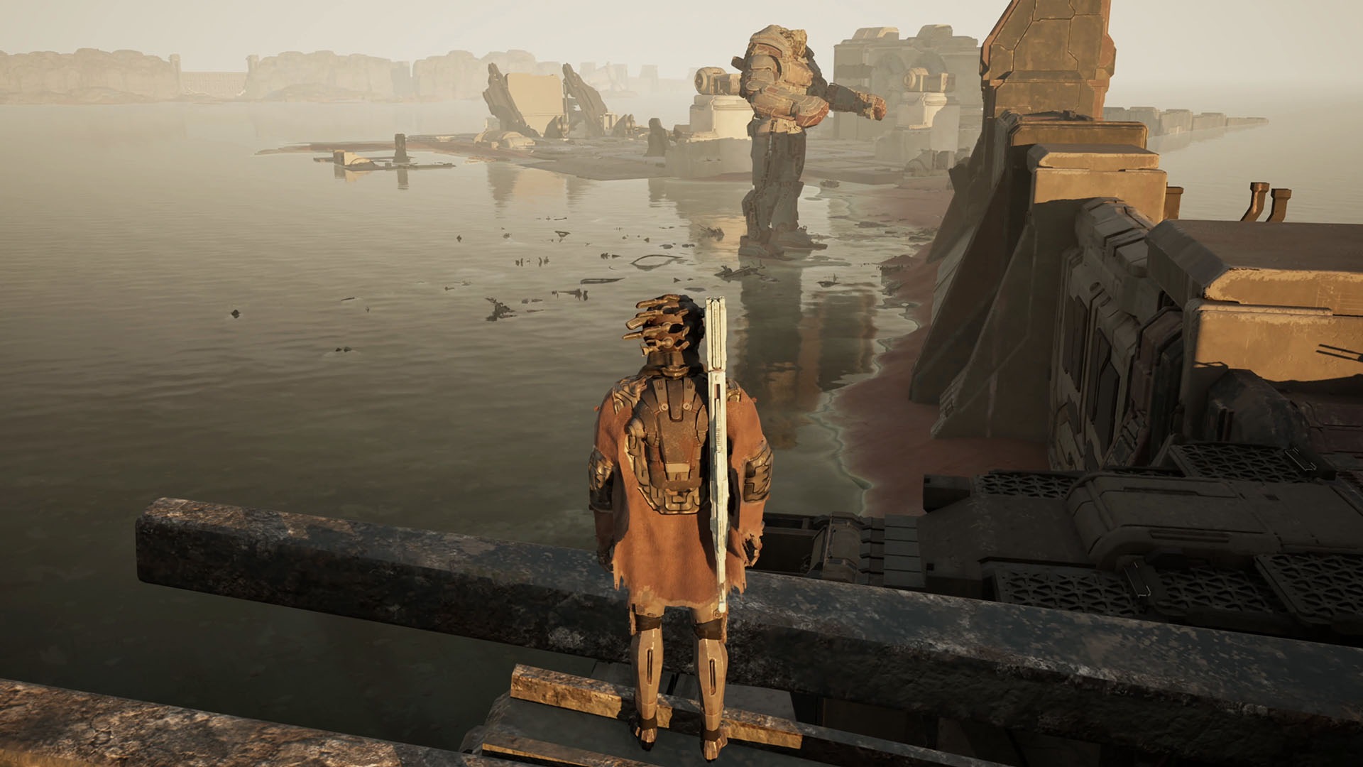 The protagonist overlooks a still sea where a giant machine stands among ruins in gen ATLAS