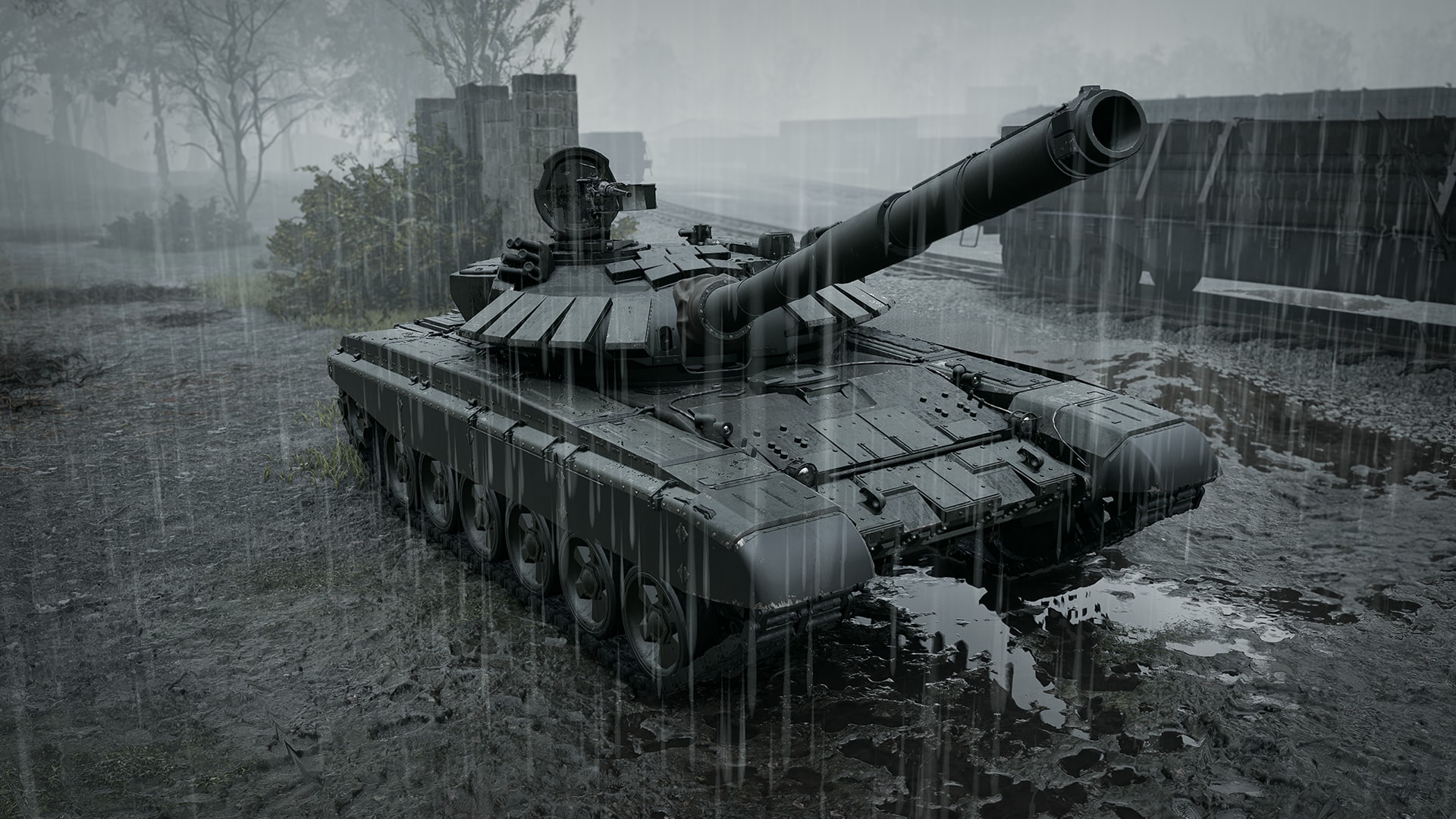 The T-72 main battle tank parked in the mud in the rain in WARDOGS