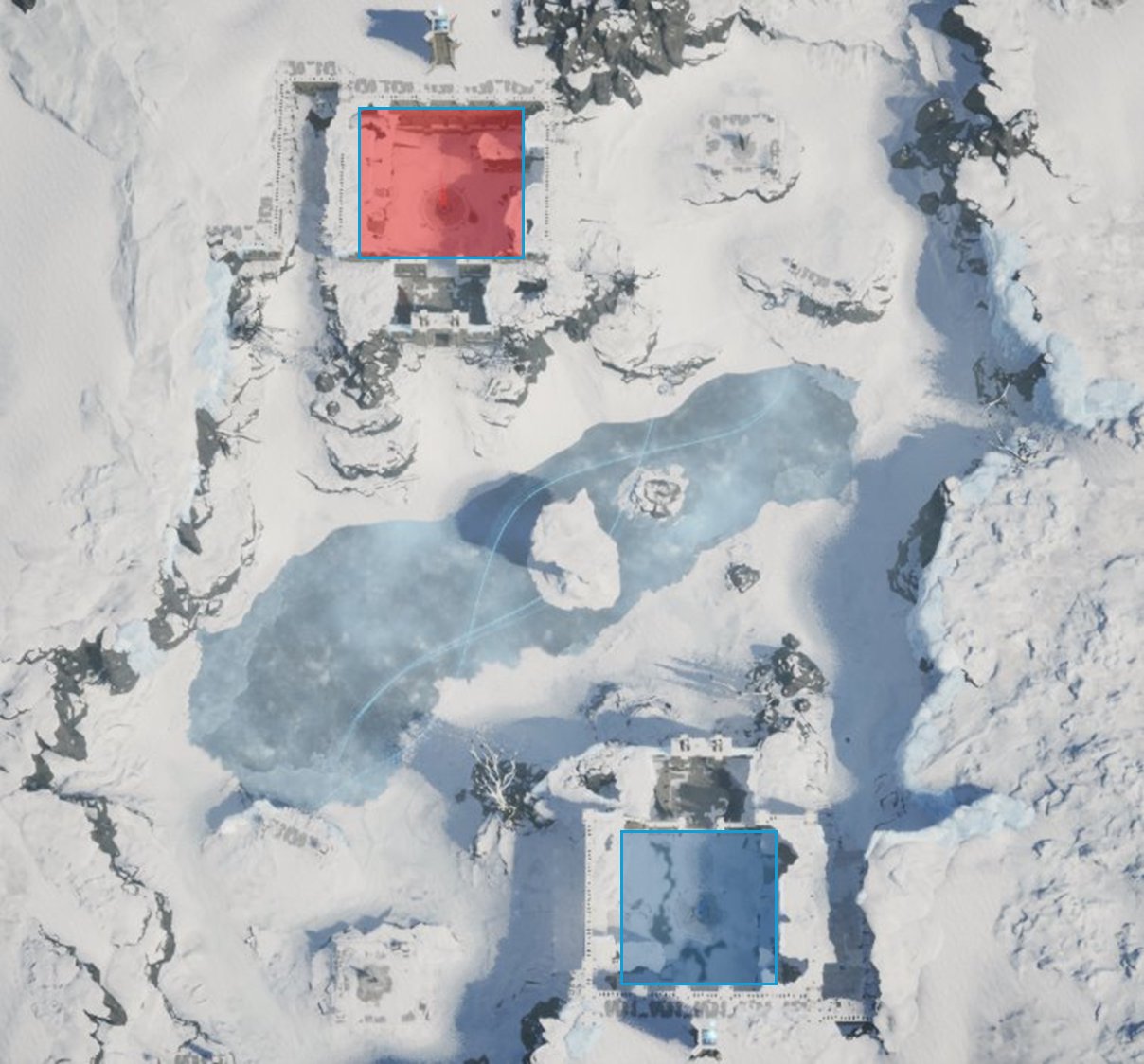 Overhead map of Snowfield Where the Storm Sleeps, with the red team fortress at the top and the blue team fortress at the bottom across a frozen lake