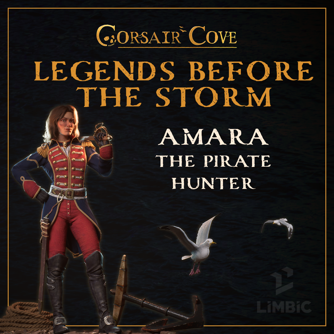 Key art of Amara Machado, the Pirate Hunter, in a blue and red Crown officer's uniform with gold epaulettes, holding a spyglass beside an anchor and coiled rope