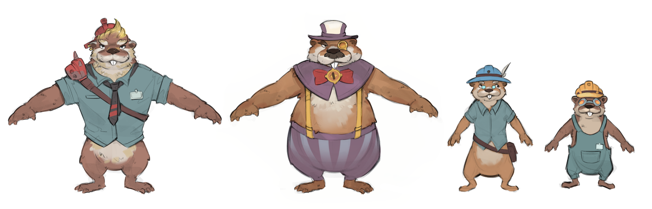Official concept art of four Gnawers, the beaver-like sentient species of Northern Eufaula, dressed in work clothes: one in a shirt and tie with a hard hat and a hand tool, a large figure in a purple top hat, cape, bow tie and monocle, and two smaller ones in a feathered sun hat and in dungarees with goggles