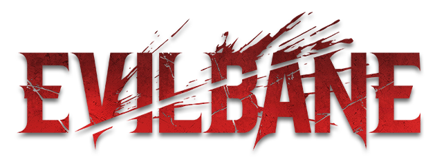 The new EVILBANE logo unveiled in October 2026, in cracked red lettering with a blood splatter