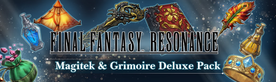 Promotional banner for the Magitek & Grimoire Deluxe Pack showing a red grimoire, an ornate golden key, a tent, potion bottles, a gem pouch, a red and gold feather and a jeweled ring around the title logo
