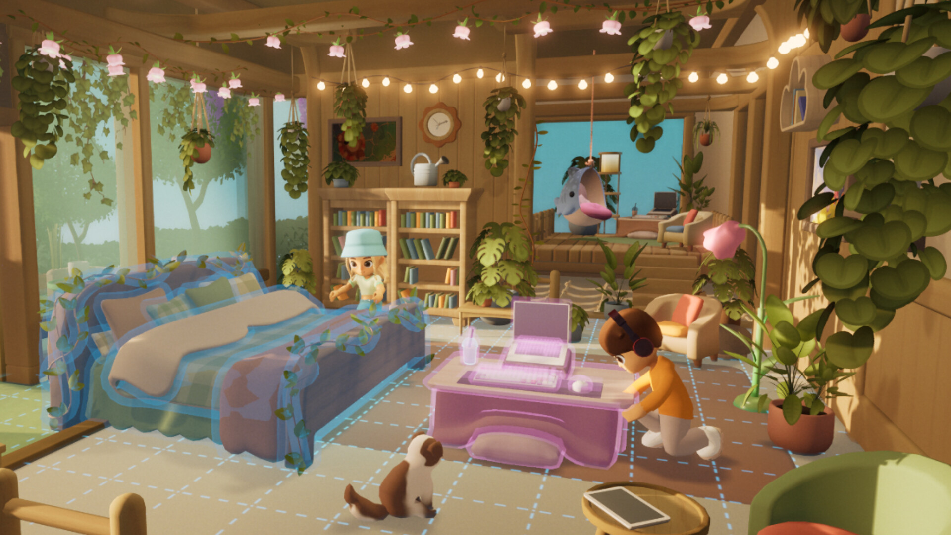Loftia home interior with a bed, desk, armchairs, plants and a dog.