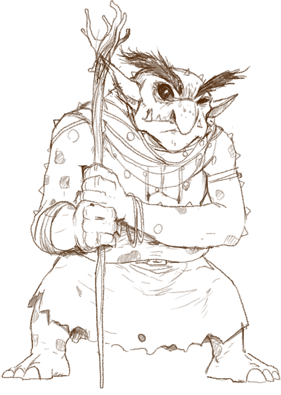 Concept sketch of a lanky Troll leaning on a tall staff