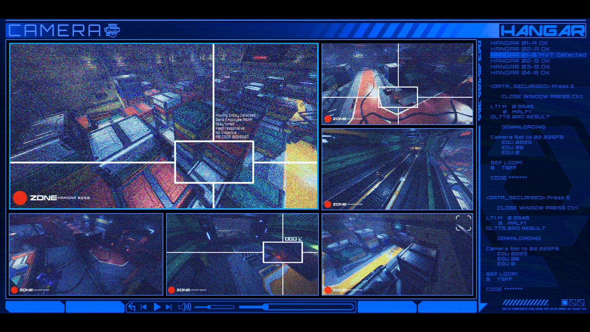 A security camera console titled Camera and Hangar, showing several grainy hangar feeds, a Moving Entity Detected warning on the main feed, and a status log with prompts to press E and Ctrl