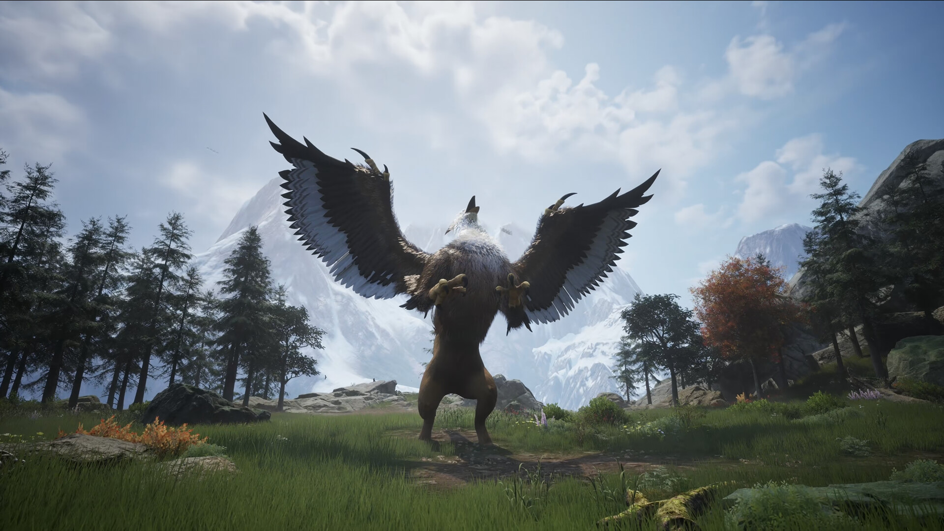 A griffin with an eagle's head and wings and a lion's body spreads its wings in an alpine meadow below snowy peaks in Monster Fantasy.
