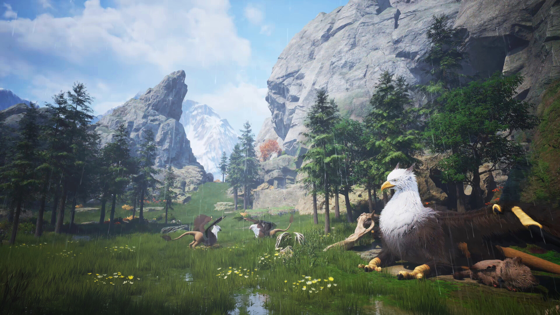 A griffin family rests among pines in a rainy mountain valley in Monster Fantasy.