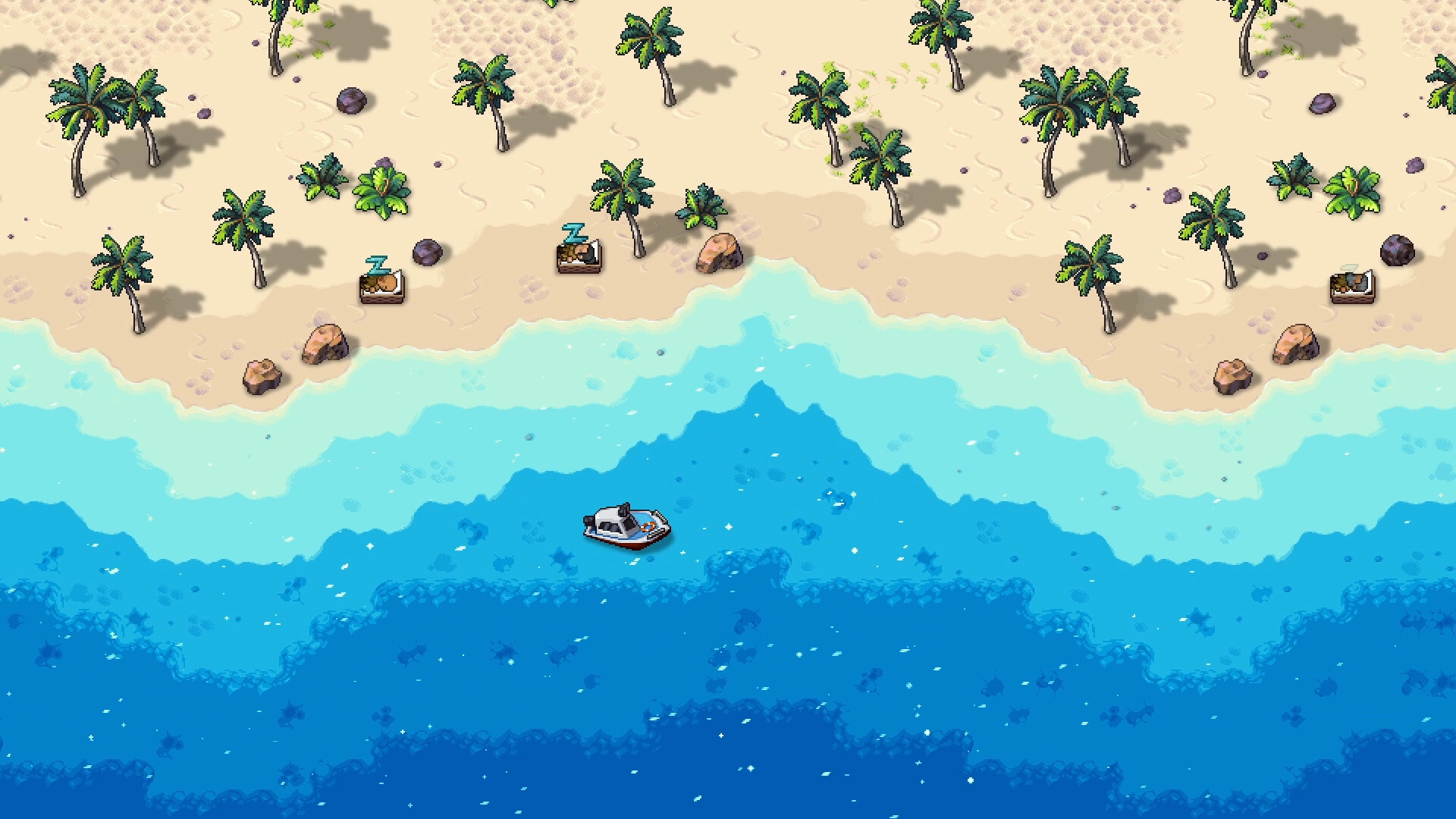 A tropical shoreline in Streets of Rogue 2 with palm trees, sun loungers holding sleeping NPCs, and a character piloting a motorboat out over shallow turquoise water into deeper blue ocean