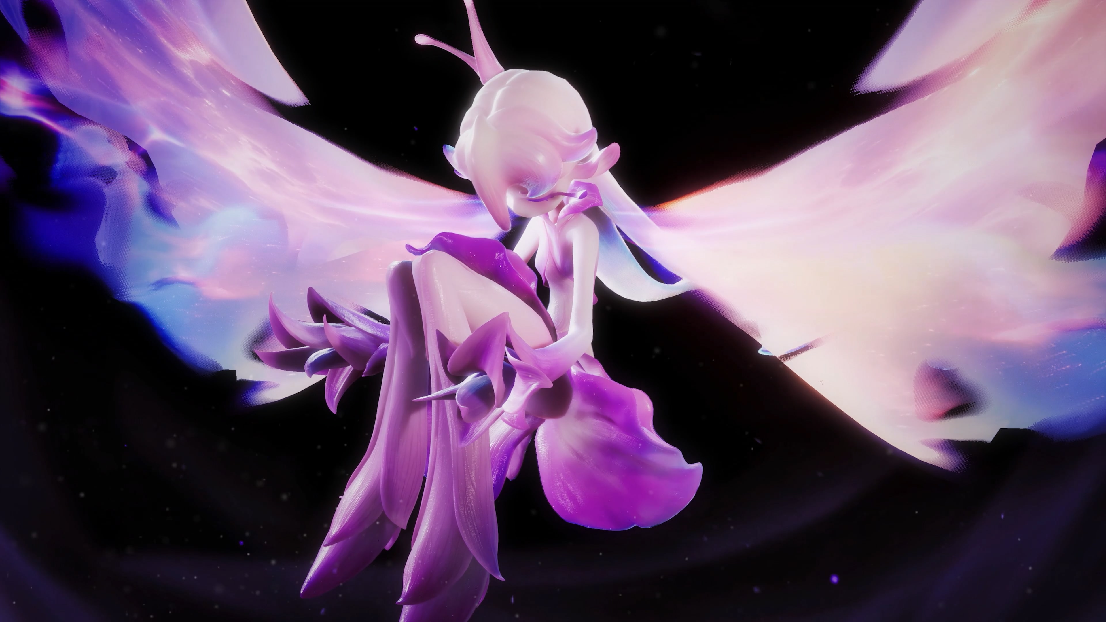 A violet, butterfly-winged Aniimo unfurling its wings in darkness