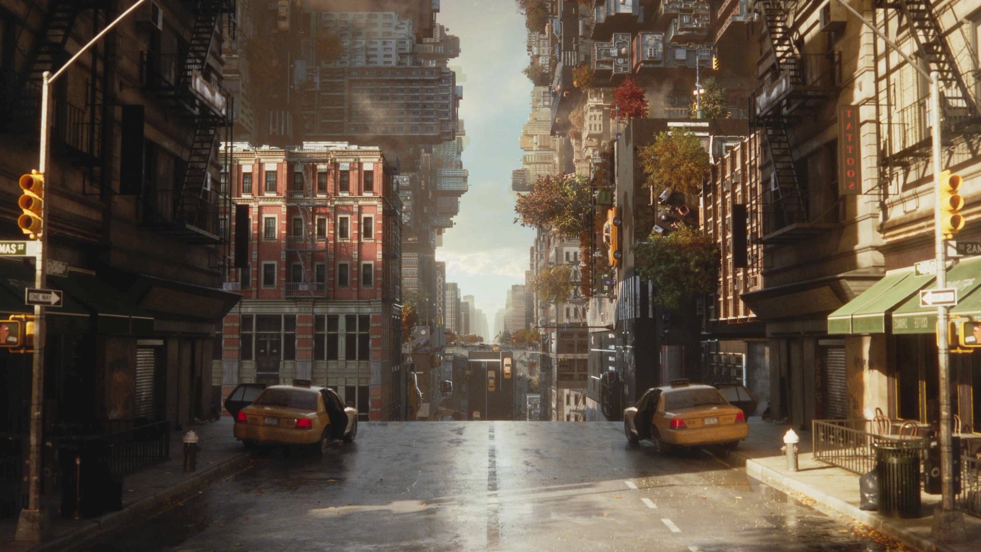 A Manhattan street lined with parked taxis where the upper floors of the buildings have warped and folded out over the road