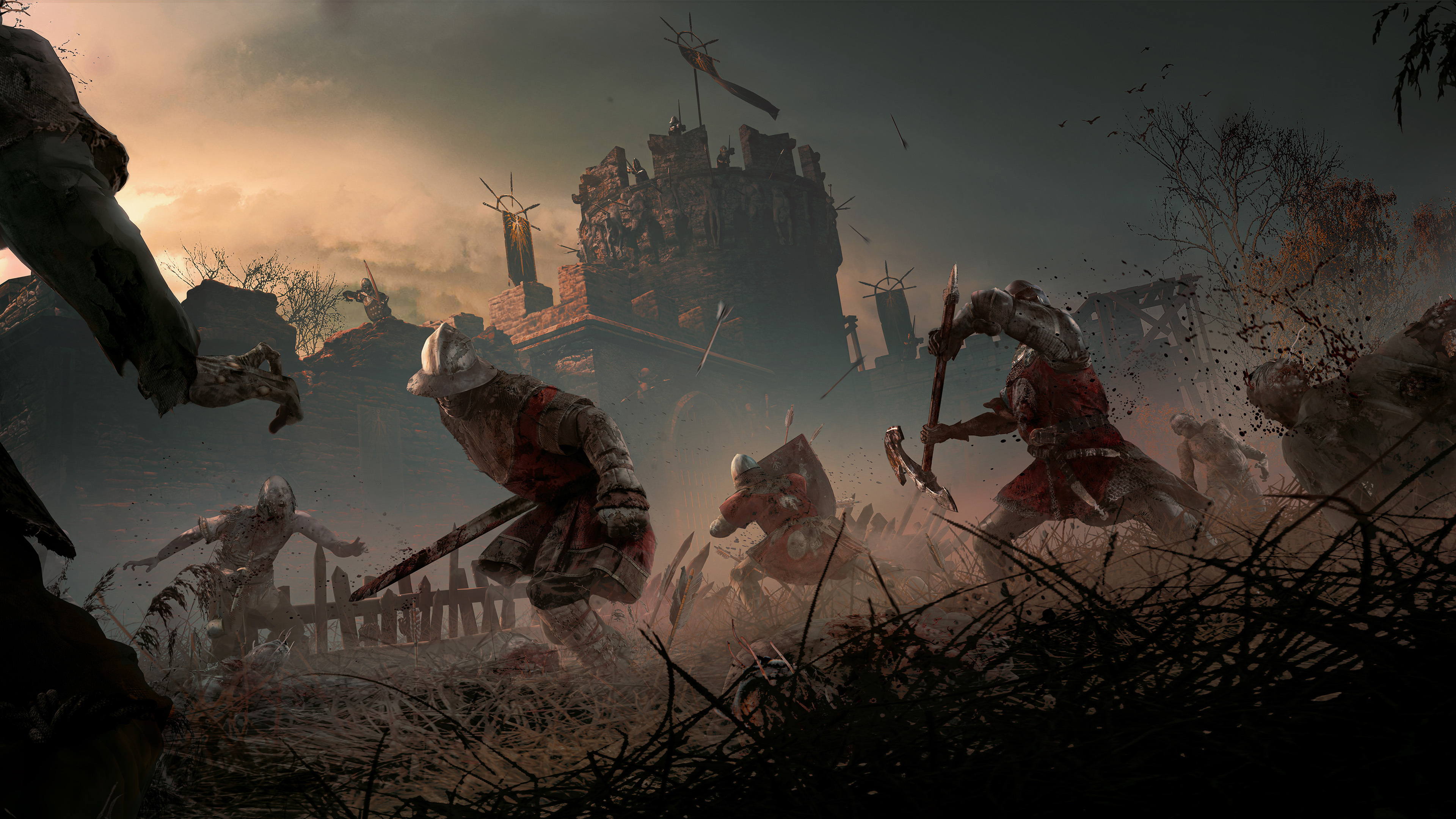 Armoured Writhen fighting Blighted in front of a burning fort, from the July 2026 developer update