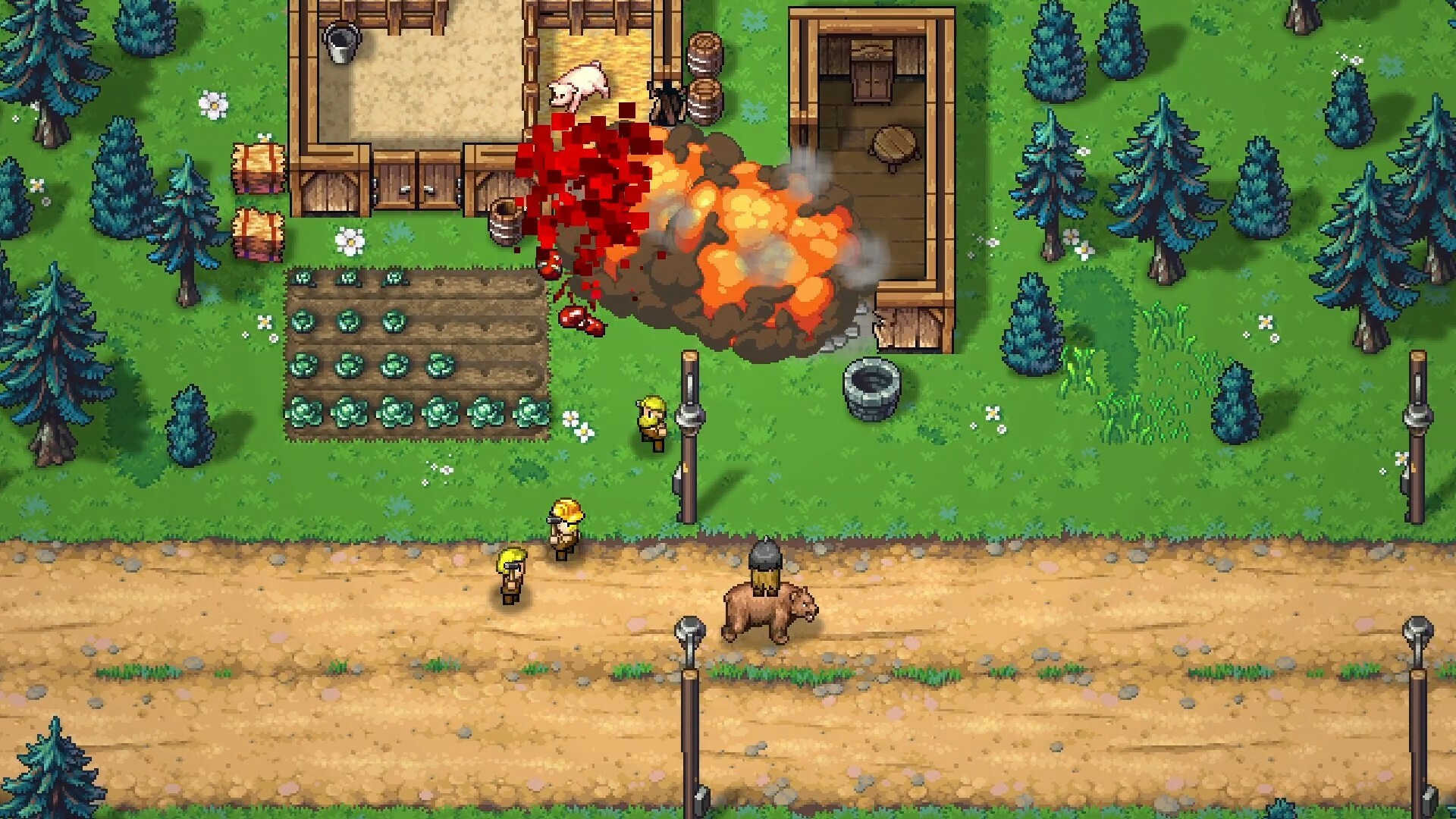 A rural farm in Streets of Rogue 2 where an explosion tears through a shed beside a pig pen, throwing gore across a crop field, while characters in hard hats stand on the dirt road below next to a brown bear carrying a load on its back