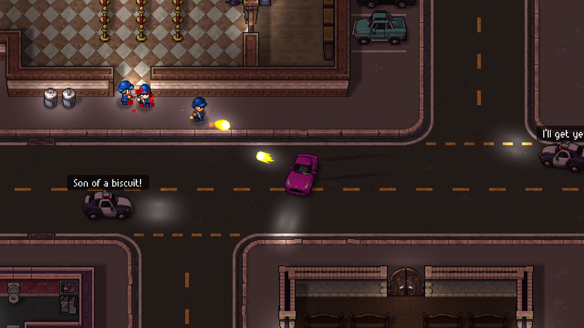 A night street battle in Streets of Rogue 2 between NPCs in blue helmets and armour and two police cruisers, with muzzle flashes, blood spatter and a pink sports car speeding through, one cruiser shouting "Son of a biscuit!"
