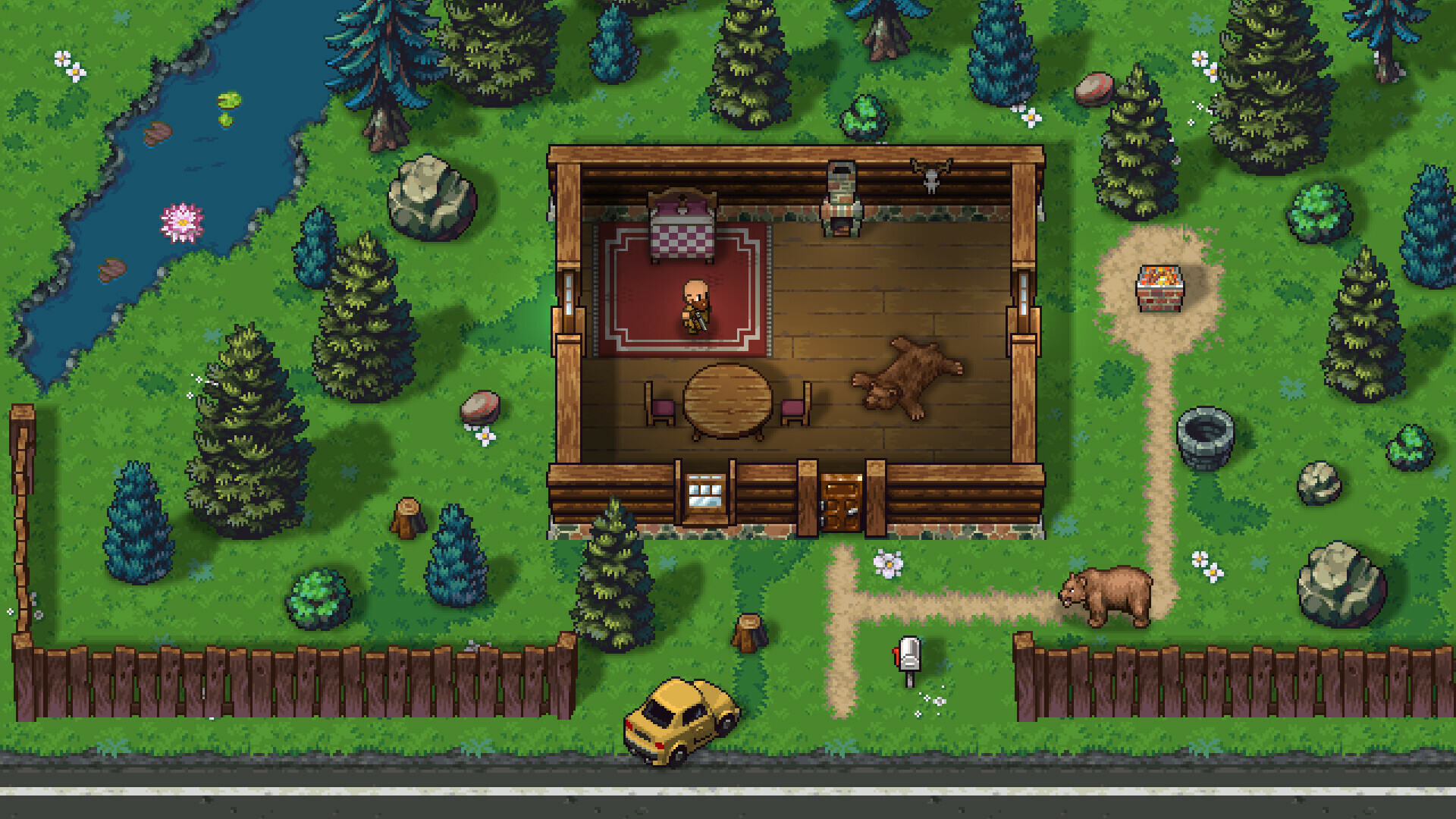 A log cabin in a forest clearing in Streets of Rogue 2, shown in cutaway with a bed, fireplace, mounted skull, dining table and bear-skin rug, while a brown bear walks the dirt path outside past a chest, a well and a mailbox