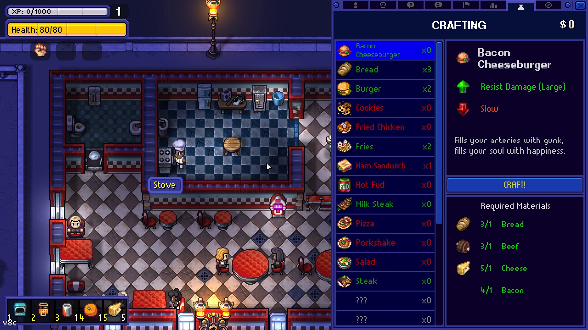 The Crafting screen open beside a diner interior in Streets of Rogue 2, listing recipes including Bread, Burger, Cookies, Fried Chicken, Fries, Ham Sandwich, Hot Fud, Milk Steak, Pizza, Porkshake, Salad and Steak plus two undiscovered entries, with the selected Bacon Cheeseburger granting Resist Damage (Large) and Slow and requiring Bread, Beef, Cheese and Bacon, and a chef at a stove labelled Stove