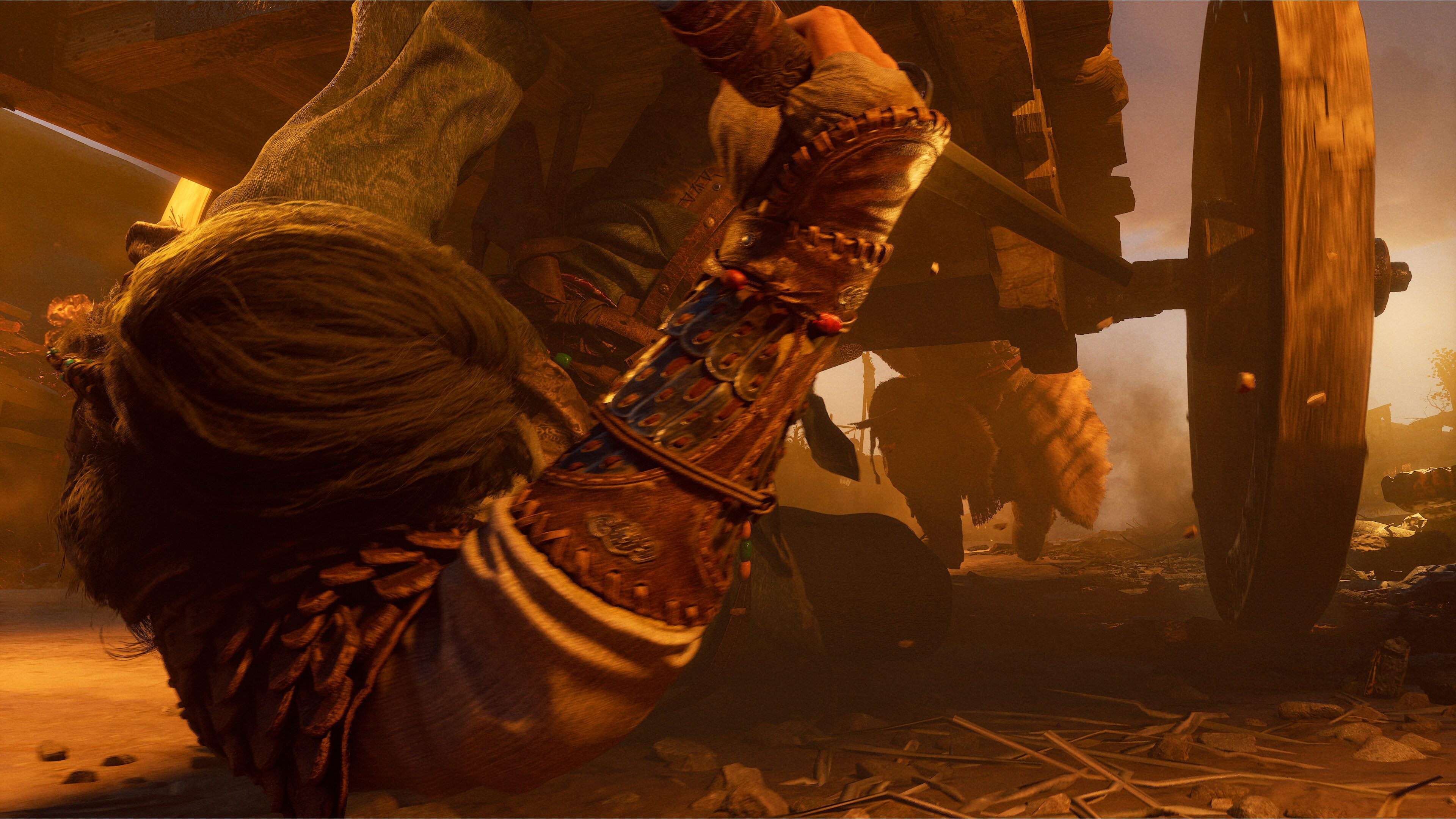 Stealth gameplay still showing the Messenger crouched behind a wooden cart to avoid Tibetan patrols at dusk