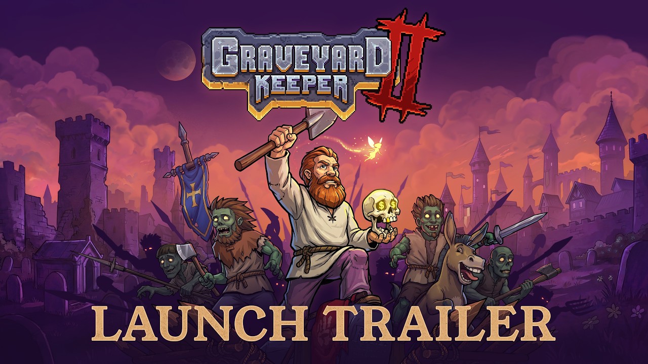Graveyard Keeper 2 launch trailer thumbnail: the red-bearded Grand Inquisitor raises a shovel and holds a coin-eyed skull, flanked by armed zombies, a grinning donkey, a banner bearer and a small glowing fairy, with castle ruins under a purple sky
