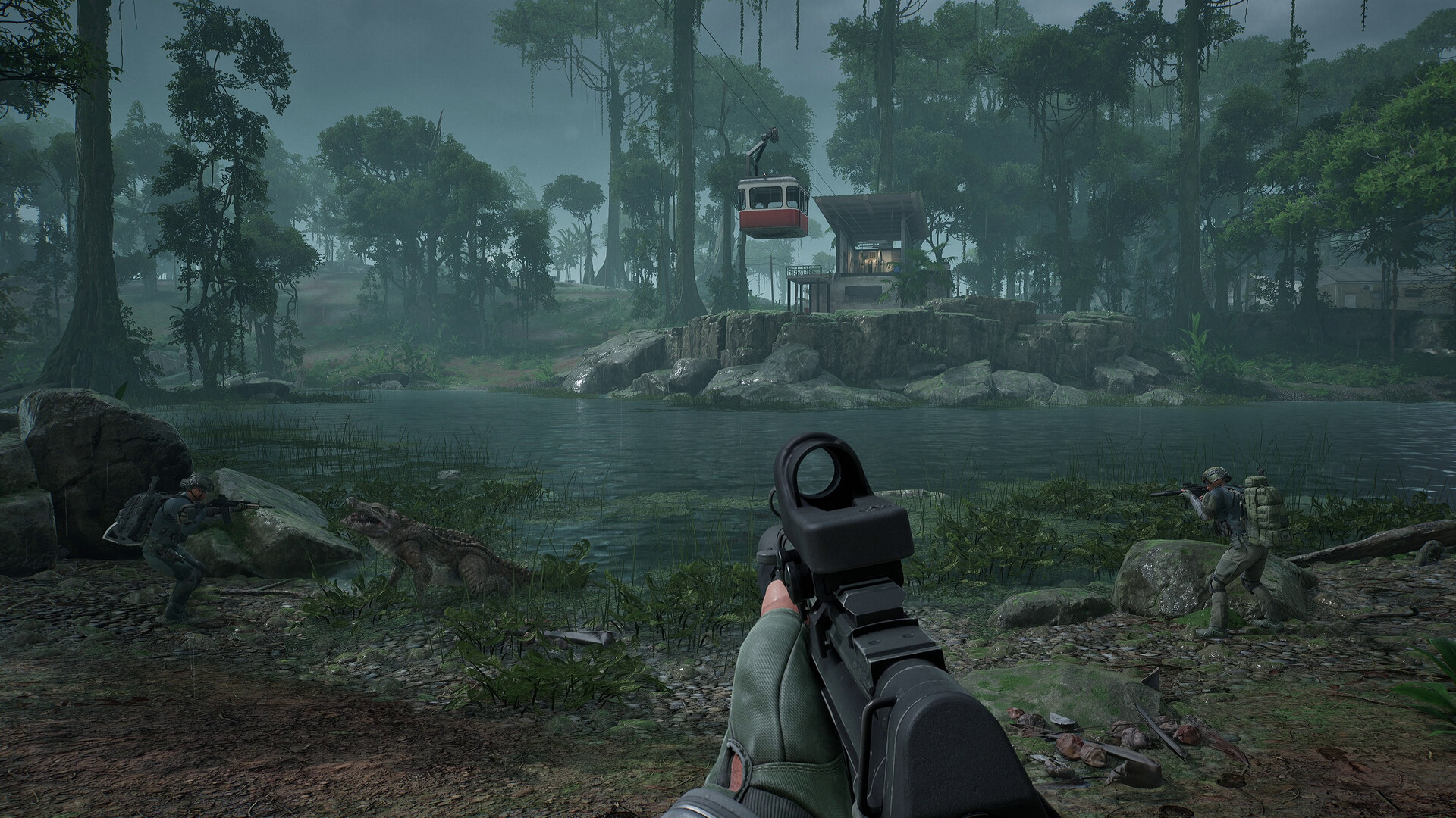 A misty lakeside clearing with a cable car running above it, a crocodile in the shallows and Contractors engaging on both banks