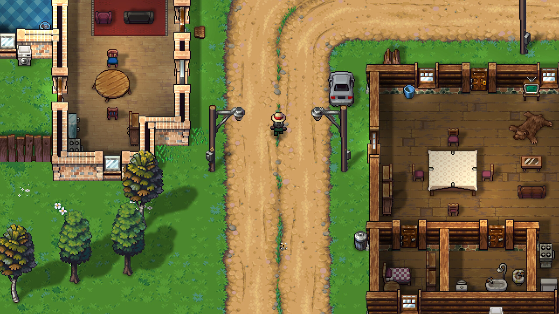 A dirt road between a brick farmhouse and a wooden lodge in Streets of Rogue 2, both shown in cutaway with furnished kitchens, bedrooms and a bear-skin rug, with a character in a straw hat walking the road and a car parked outside