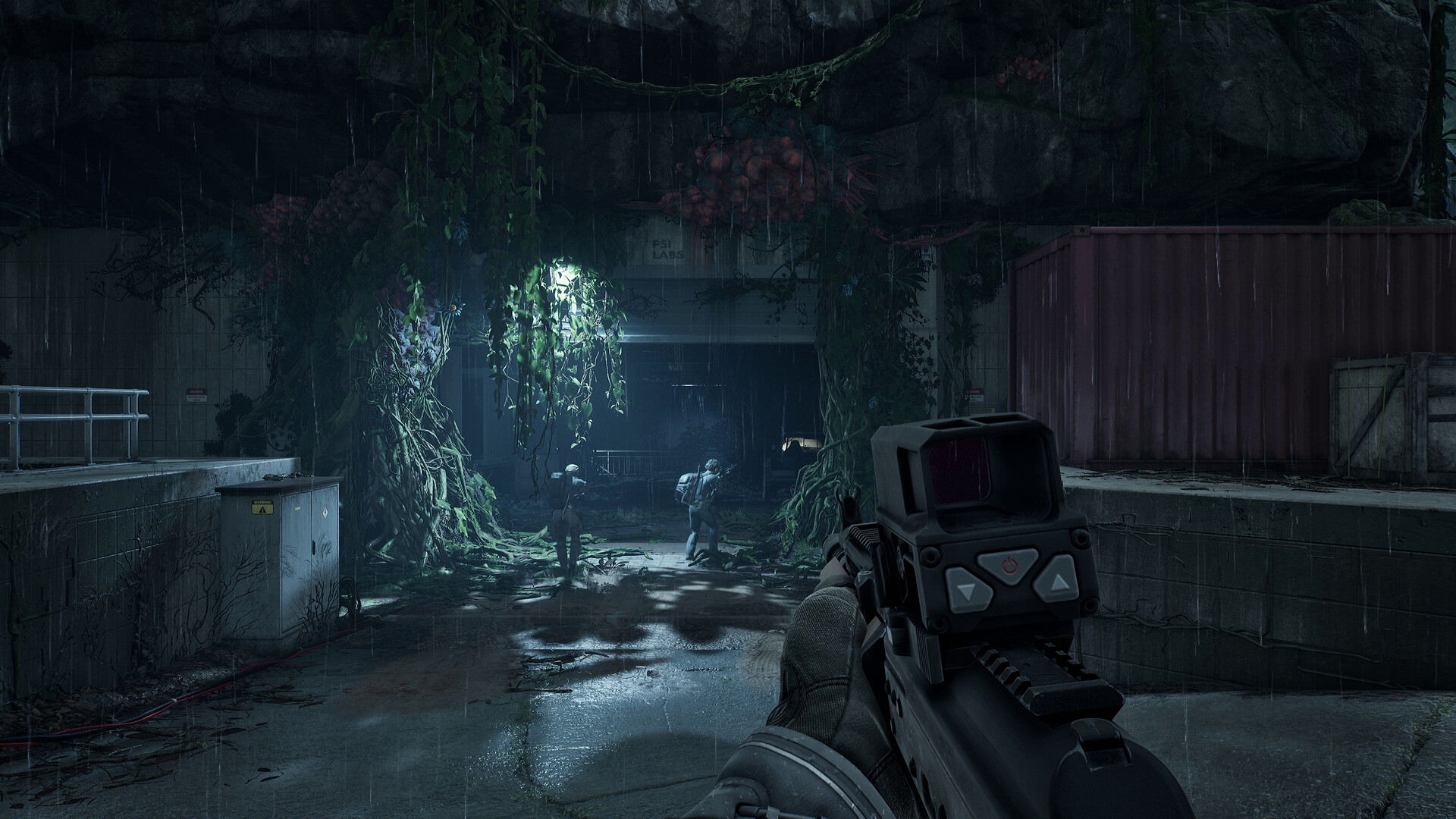 An abandoned research facility on Coli Island overgrown with vines and strange flowering plants, with Contractors moving through the rain