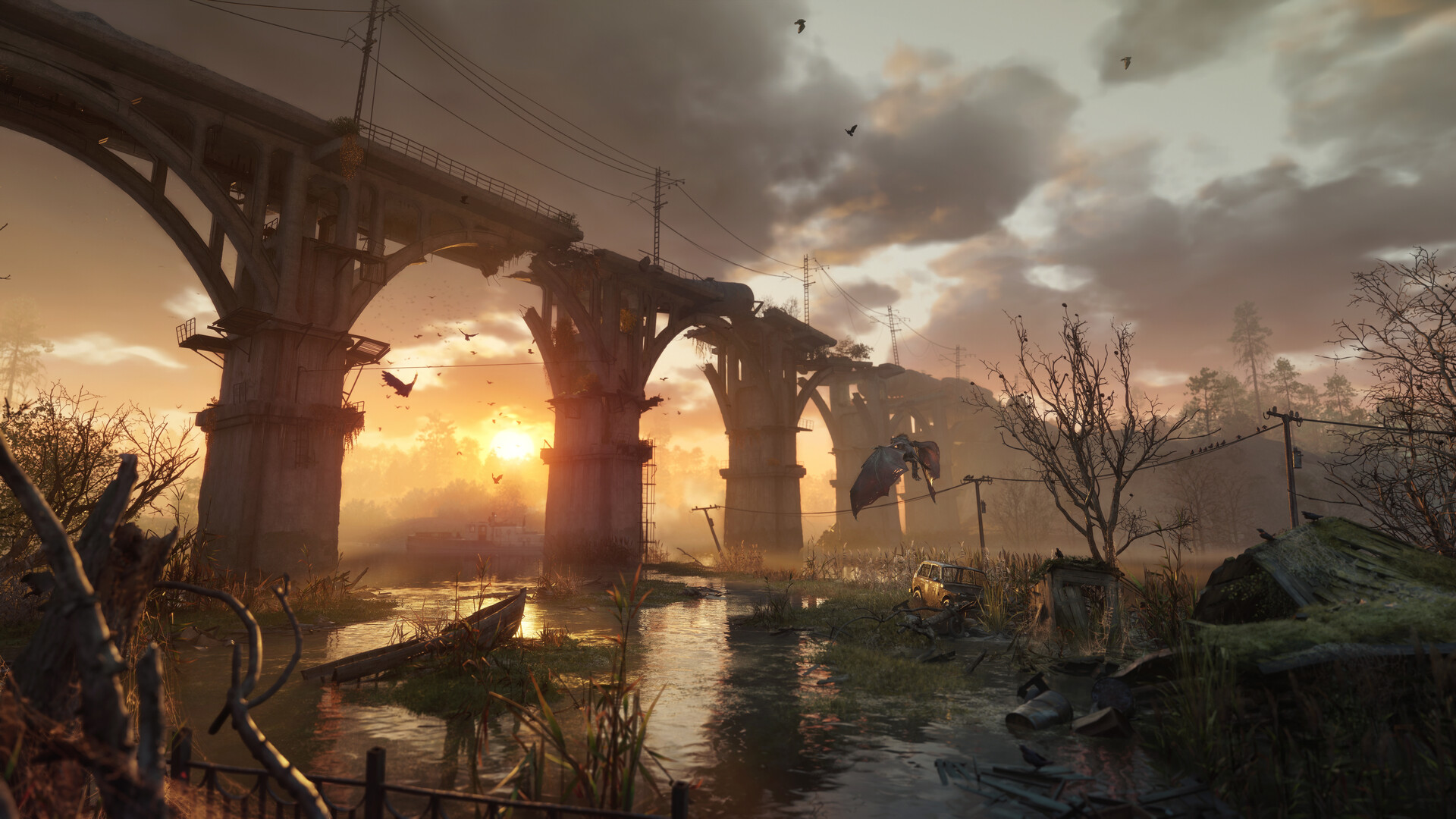 Sunset over a flooded wilderness outside the city, where a huge ruined railway viaduct spans the water and a winged mutant glides between its arches.