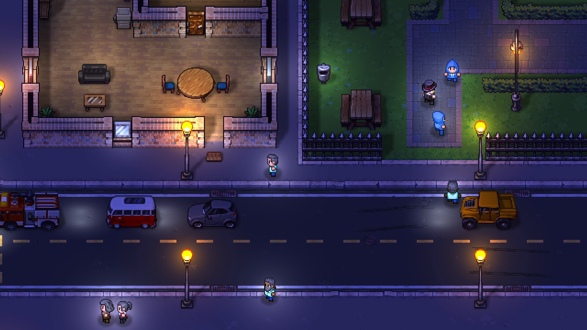A night city street in Streets of Rogue 2 with a fire engine and passing cars, a lounge interior on one side and a small railed park with picnic tables on the other, where pedestrians in hoodies and a fedora stand around under the streetlights