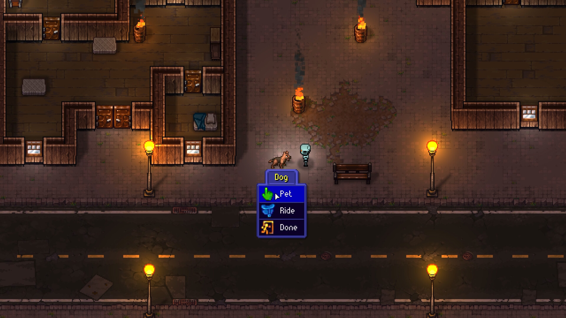 The context menu open on a dog at night in Streets of Rogue 2, offering Pet, Ride and Done options to a robot character standing beside it on a torch-lit street