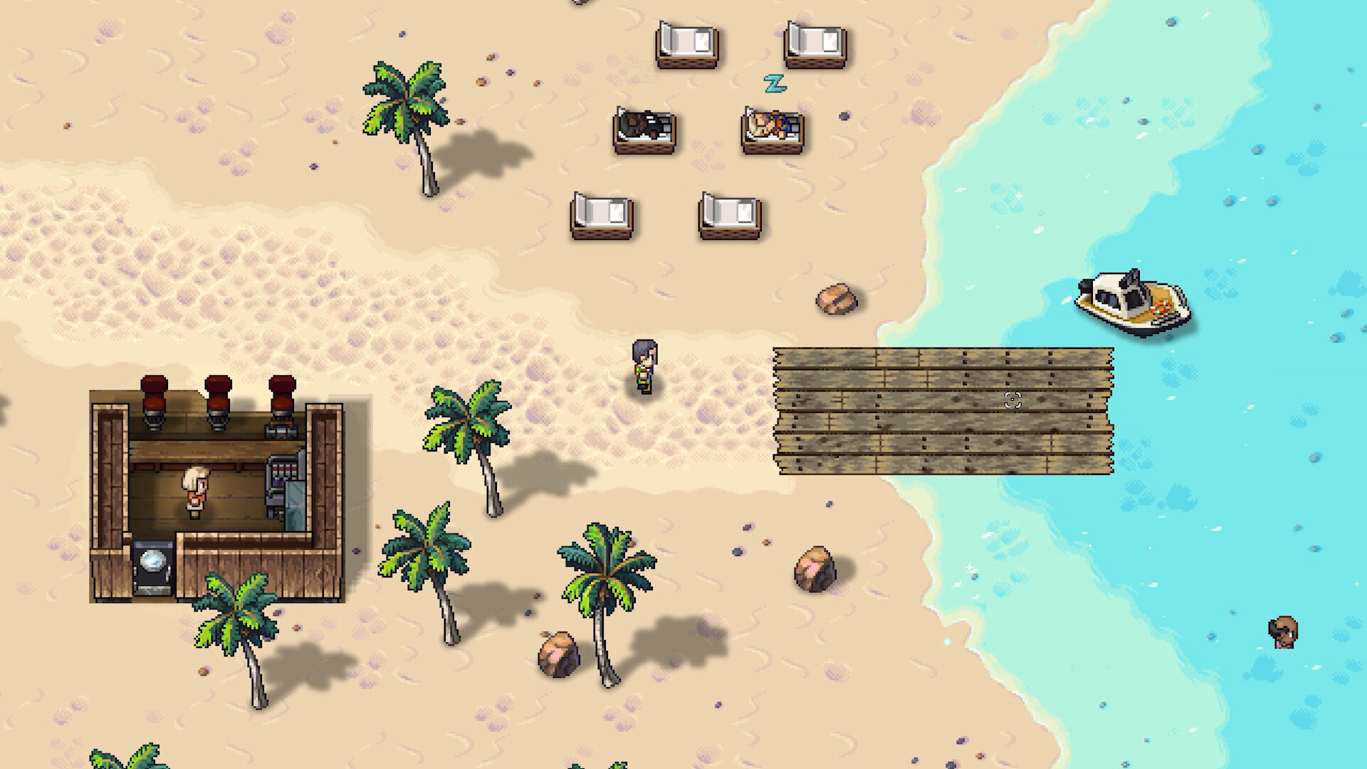 A sunlit beach in Streets of Rogue 2 with palm trees, sun loungers holding sleeping NPCs, a wooden bar shack staffed by a bartender behind three taps, a jetty and a moored motorboat
